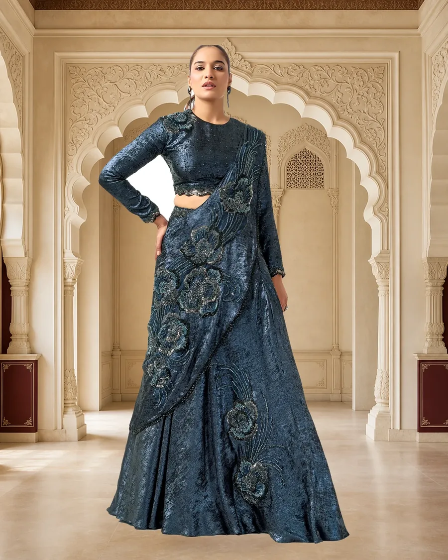 Model wearing a designer lehenga