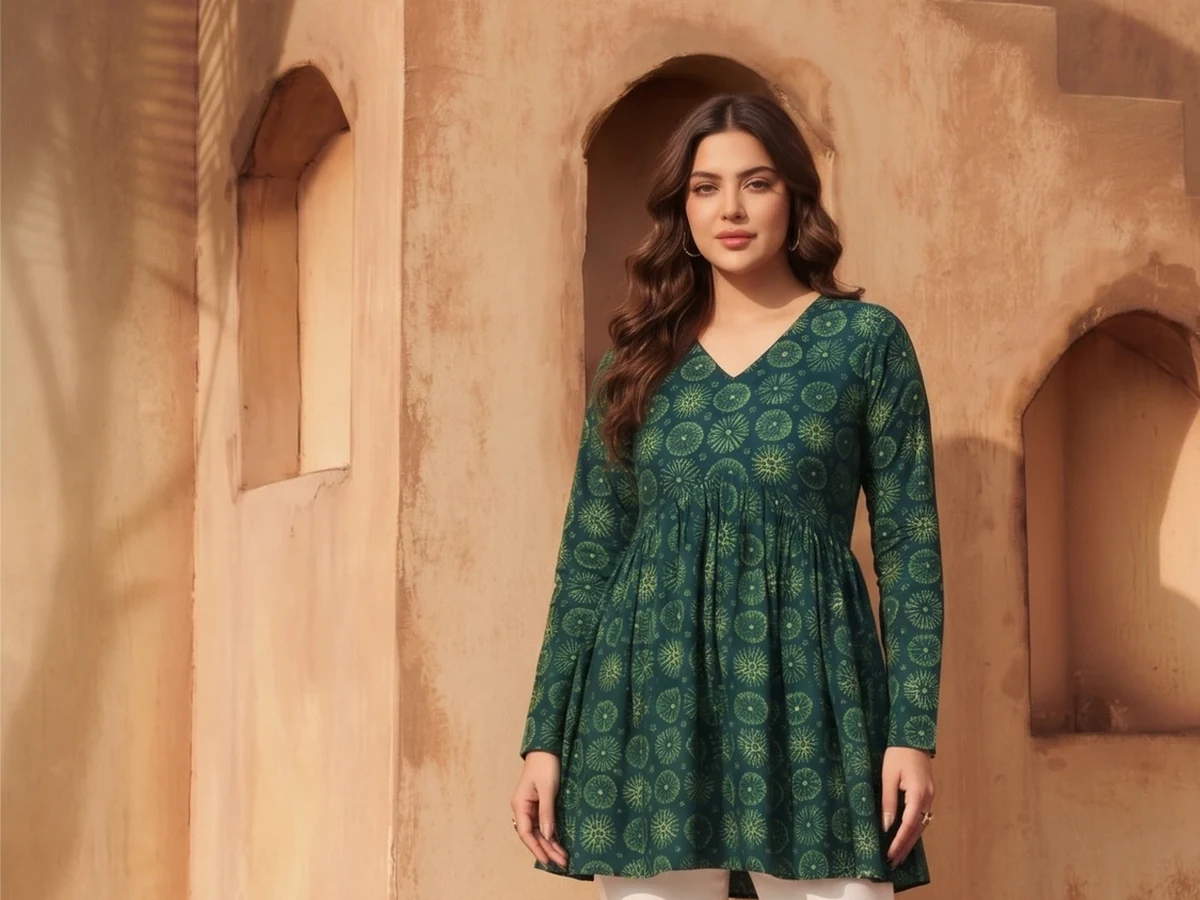 Model wearing a green western top