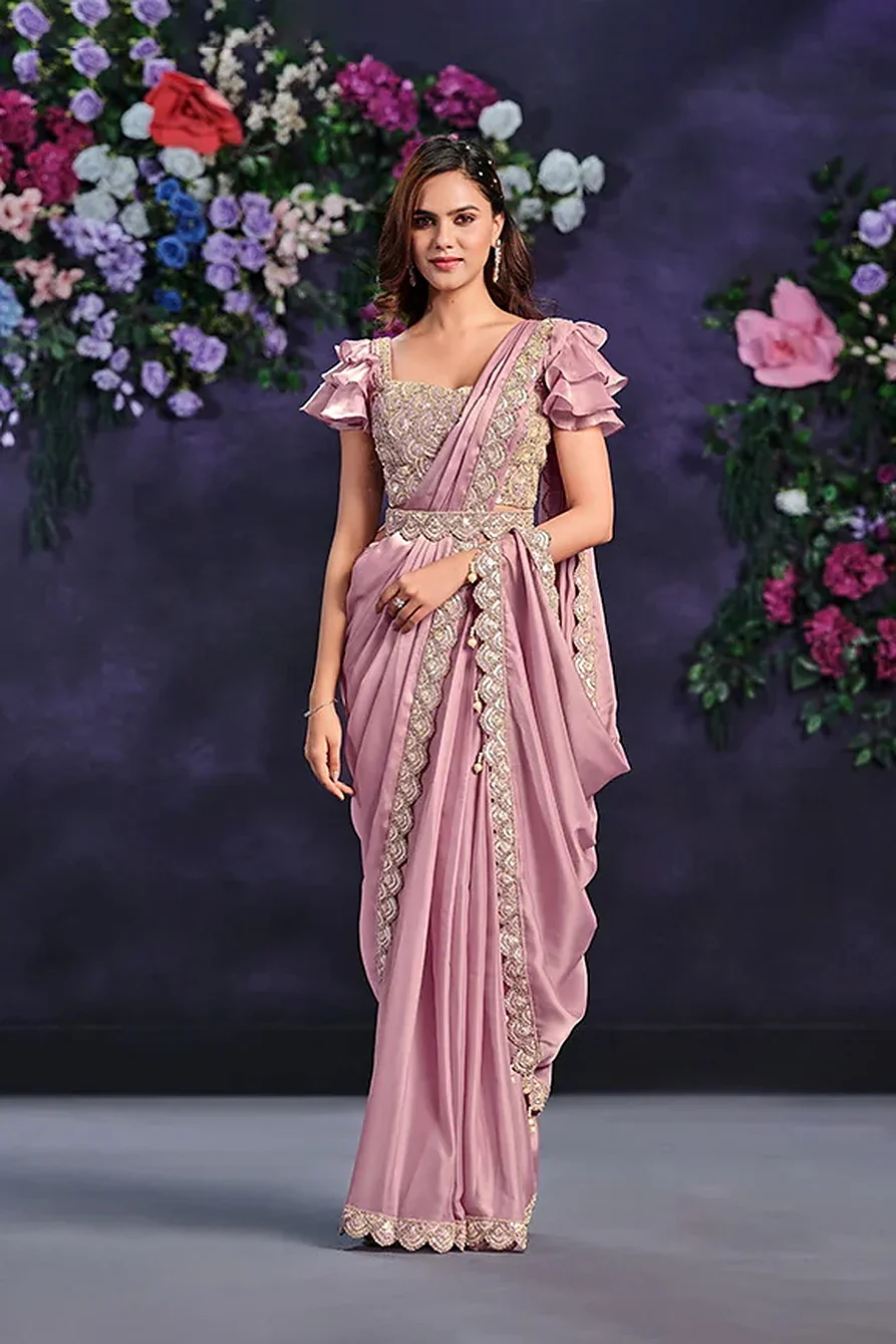 Pink Crepe Satin Silk Embroidered Ready-to-Wear Saree with Blouse