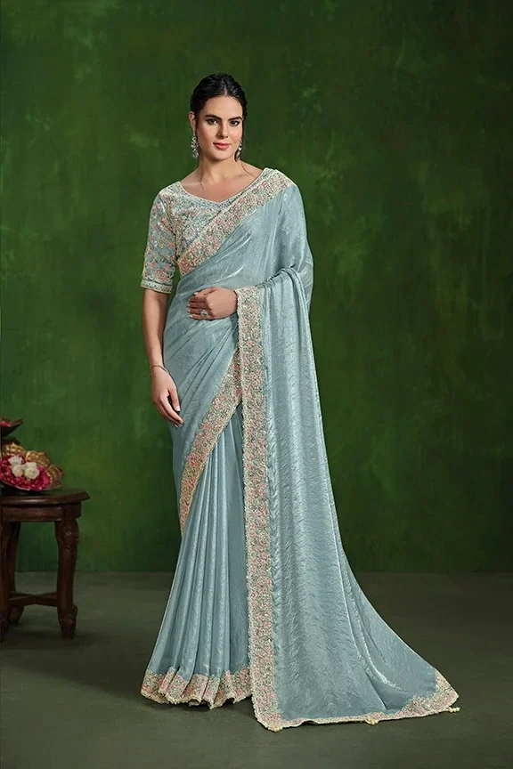 Sea Green 2 Tone Satin Silk Saree with Multi Sequin Handwork