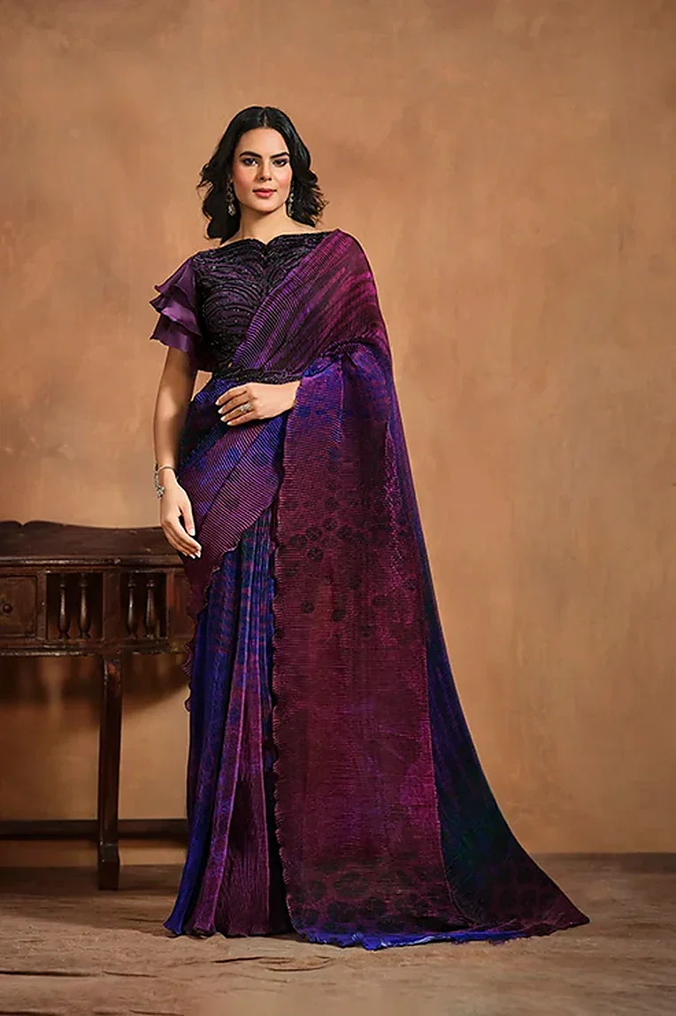 Purple Pure Satin Silk Ready-to-Wear Saree with Pure Hand Work