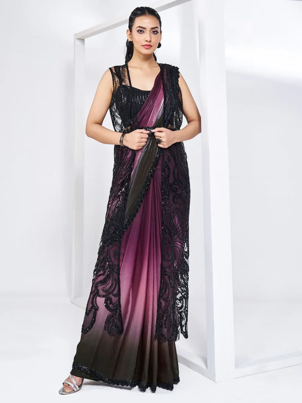 Wine and Black Two Tone Satin Silk Ready-to-Wear Khatli Work Saree