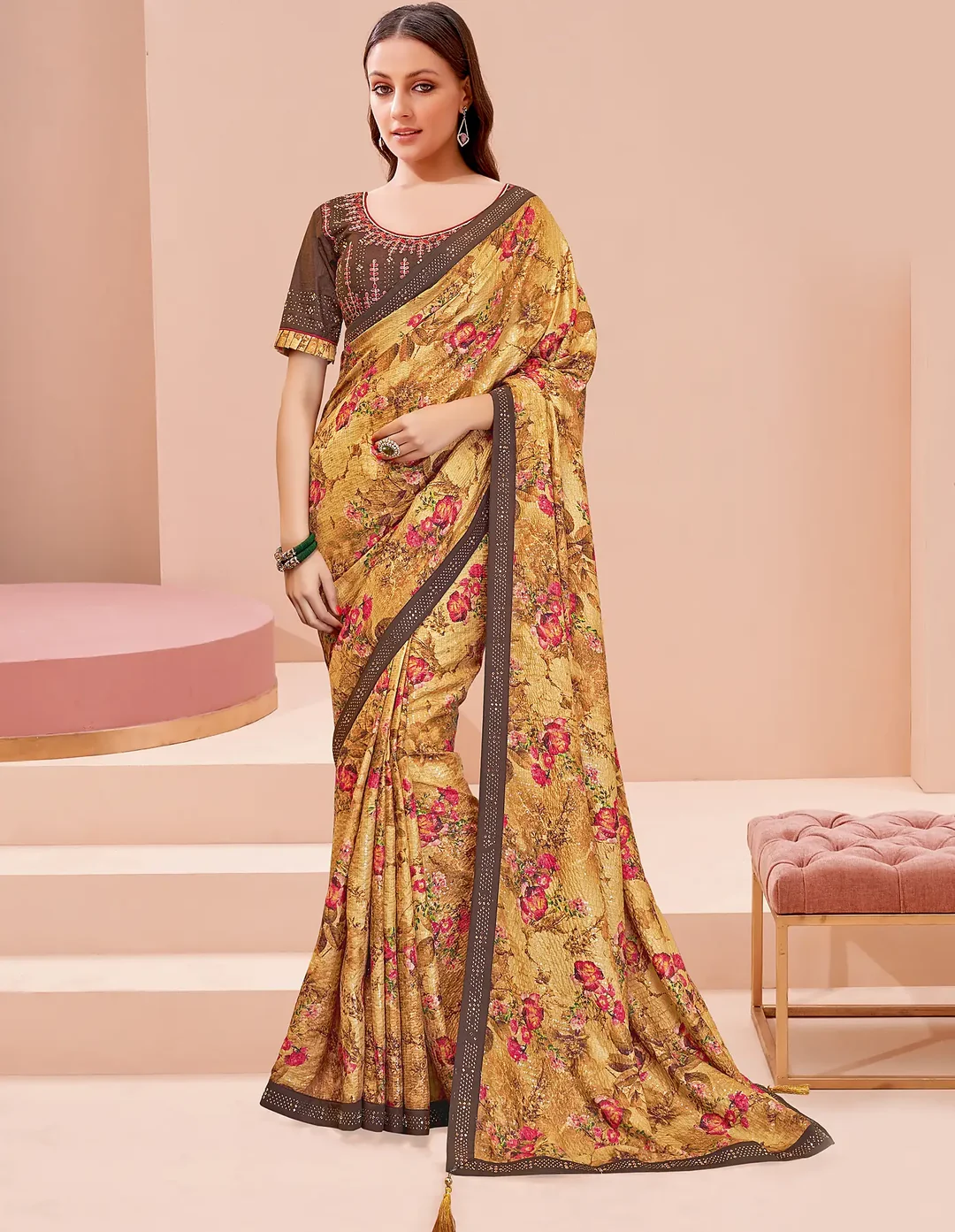 Mustard Georgette Saree with Resham, Sequins and Mukaish Work