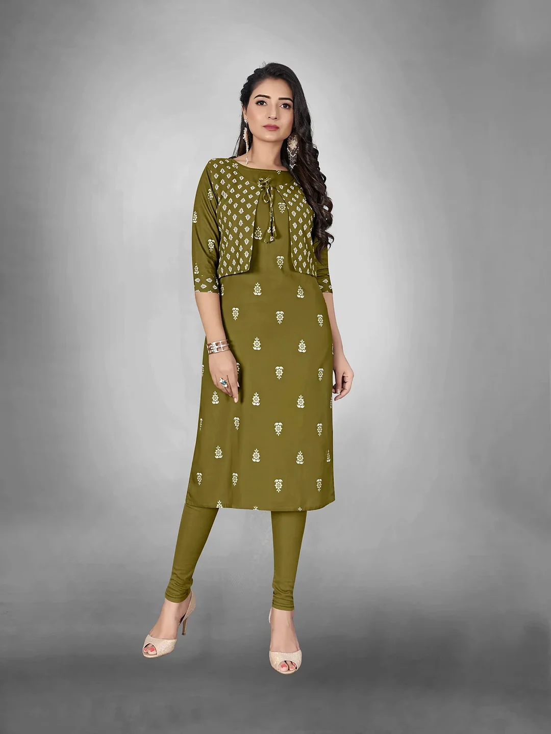 Green Slub Cotton Floral Print Kurti with Jacket for Daily Wear