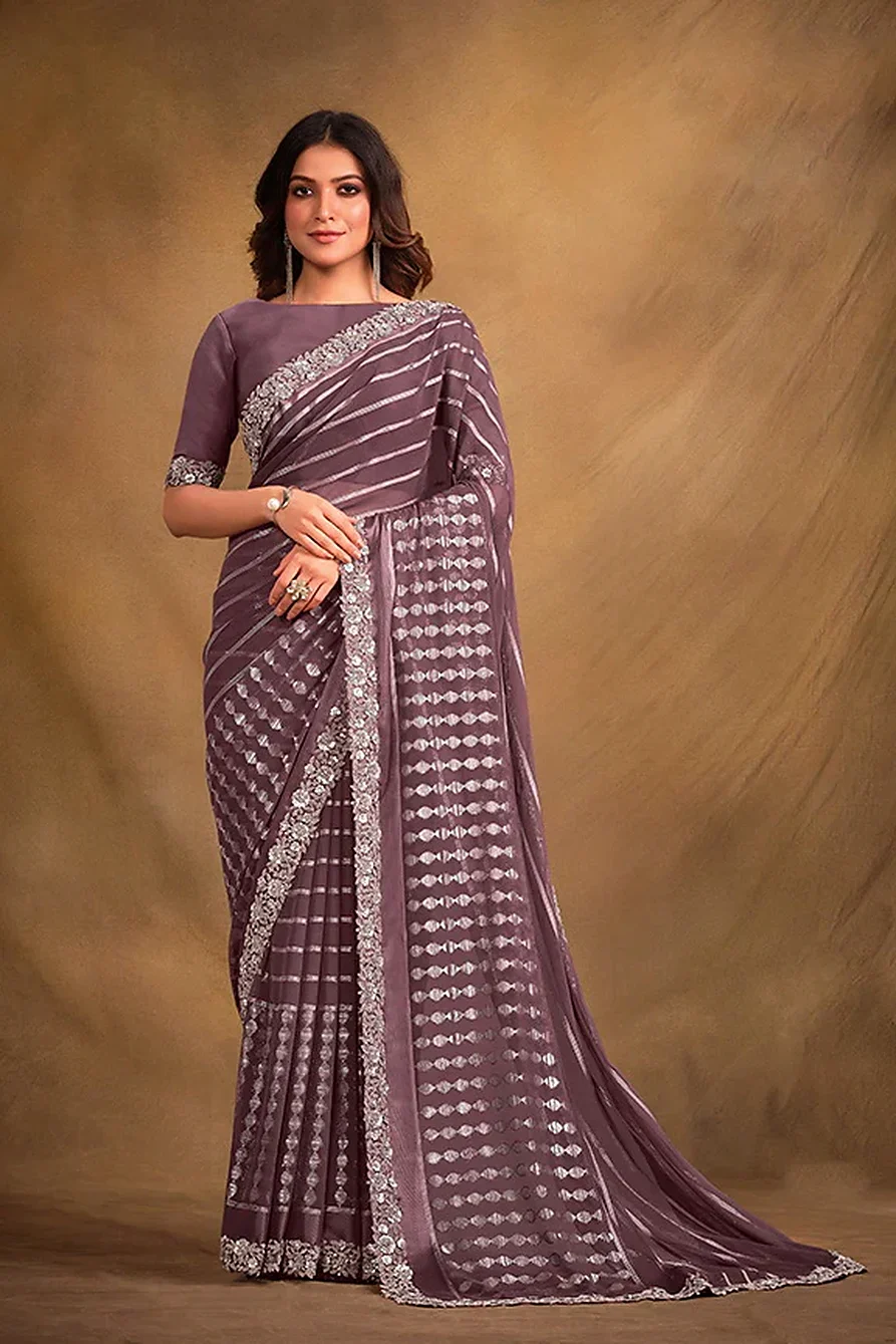 Purple Georgette Kasab Saree with Unstitched Blouse Piece