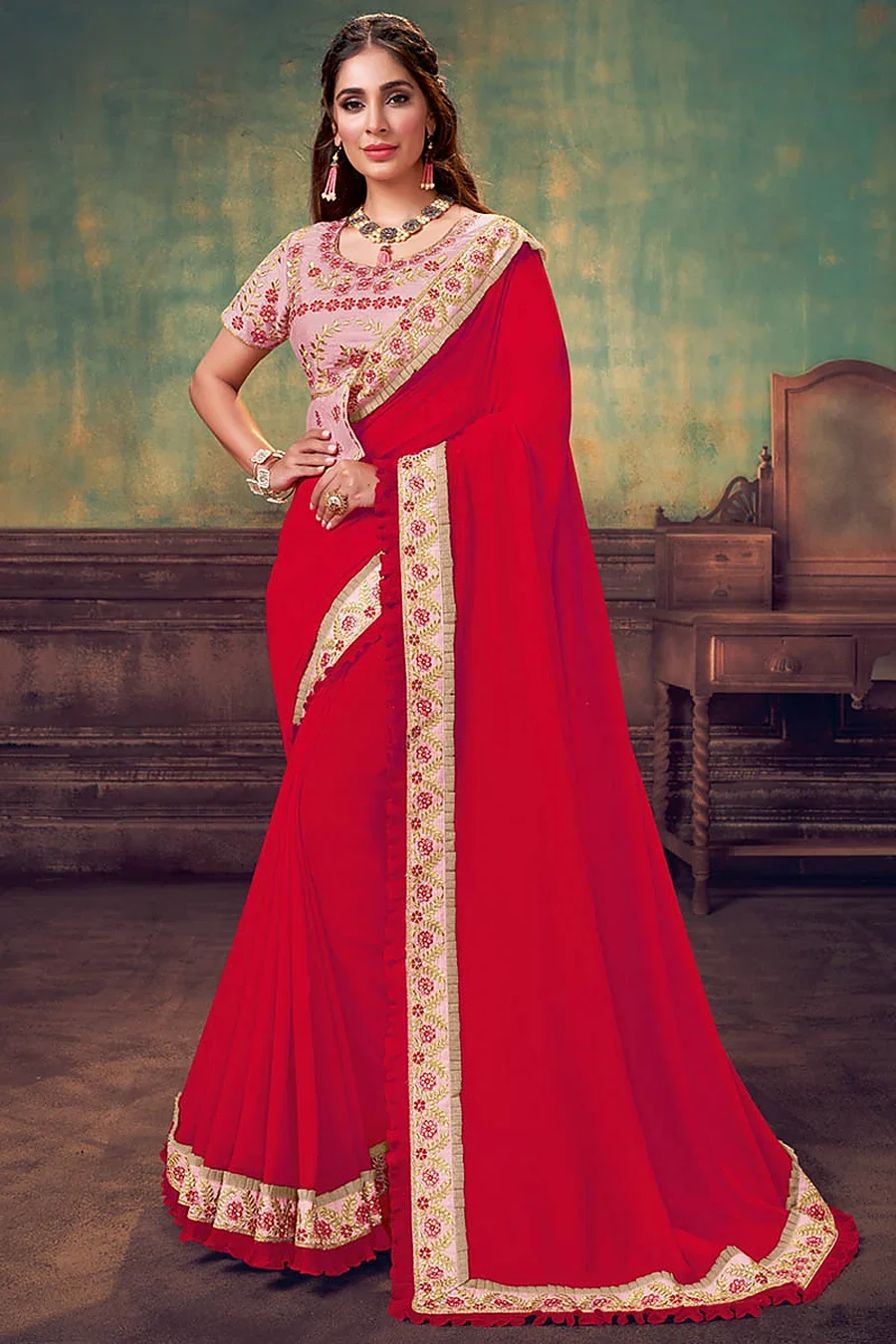 Red Silk Party Wear Saree with Art Silk Blouse and Cord Embroidery