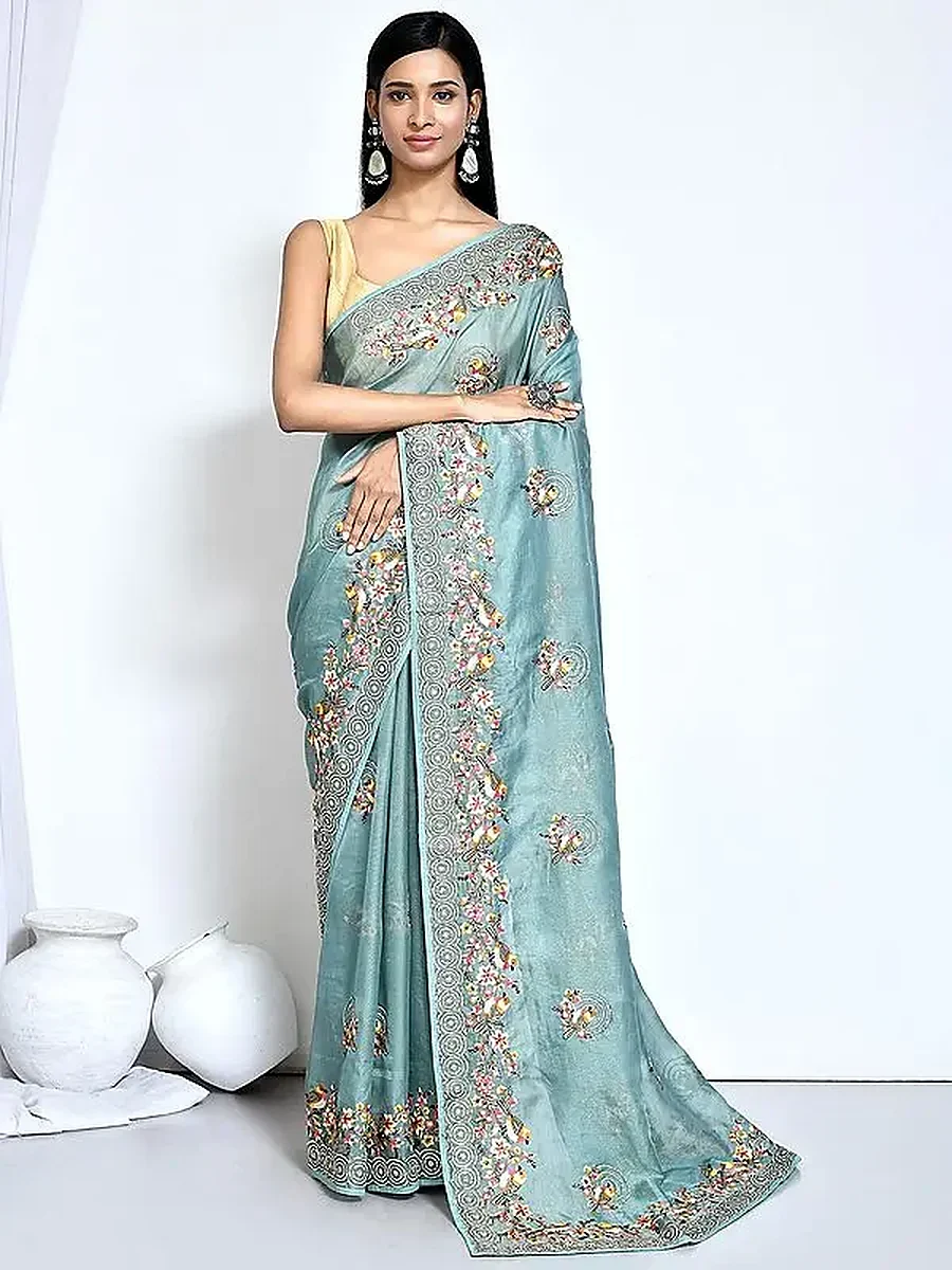 Net Organza Silk Saree with Thread and Stone Embroidery Work