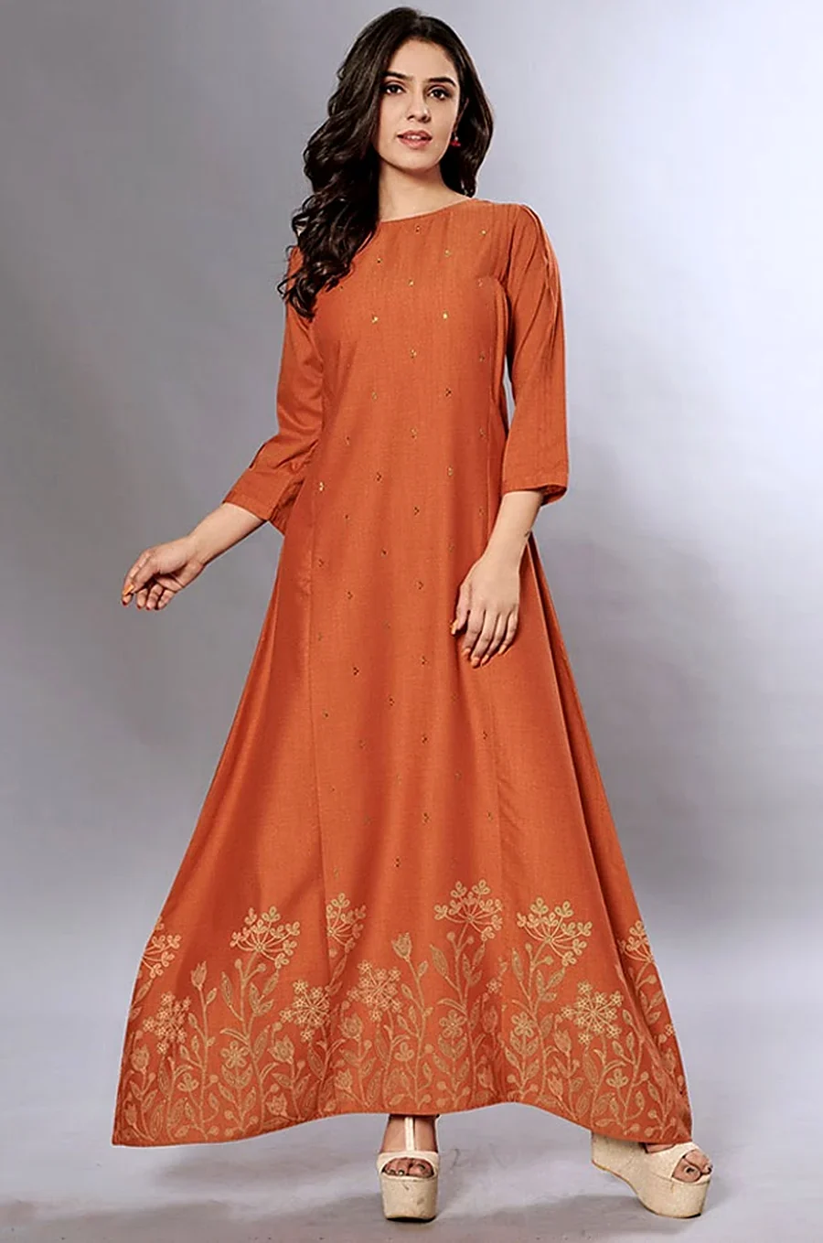 Rustic Orange Cotton Base Gown with Hand Print, XL and 2XL
