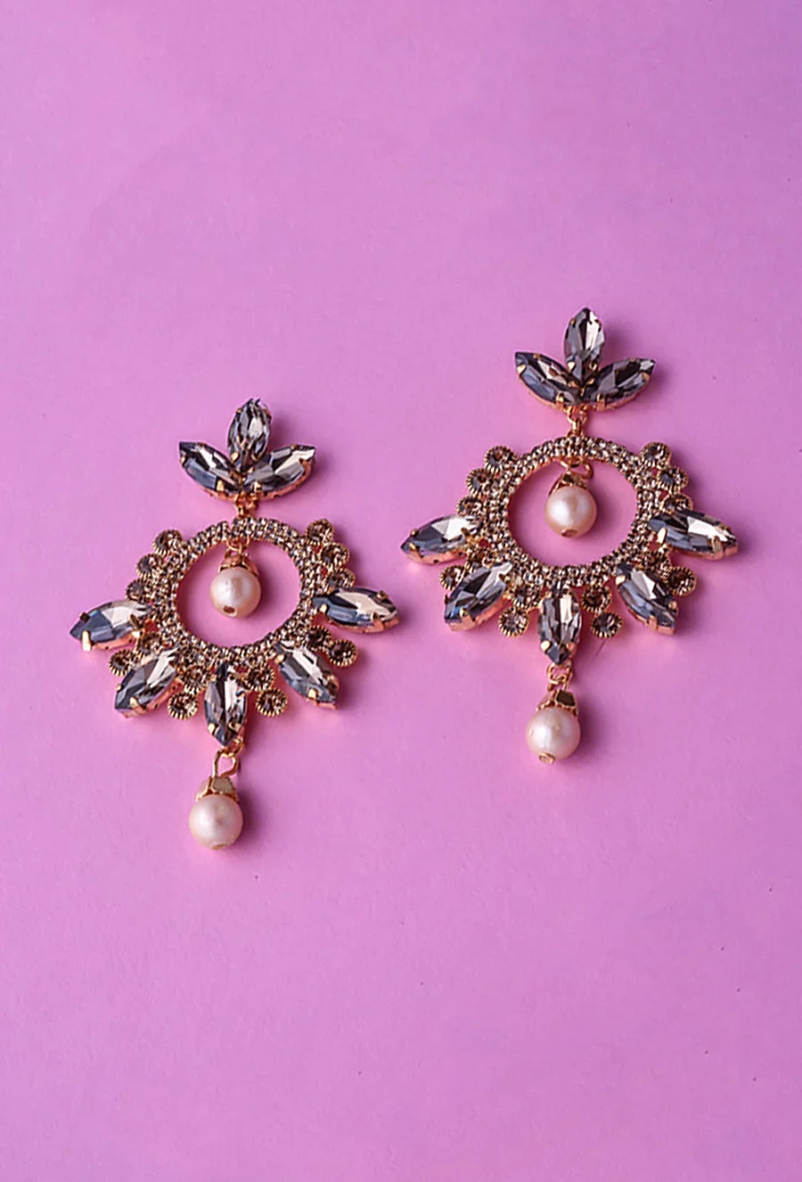 Peach and Golden Artificial Stone Earrings for Party Wear
