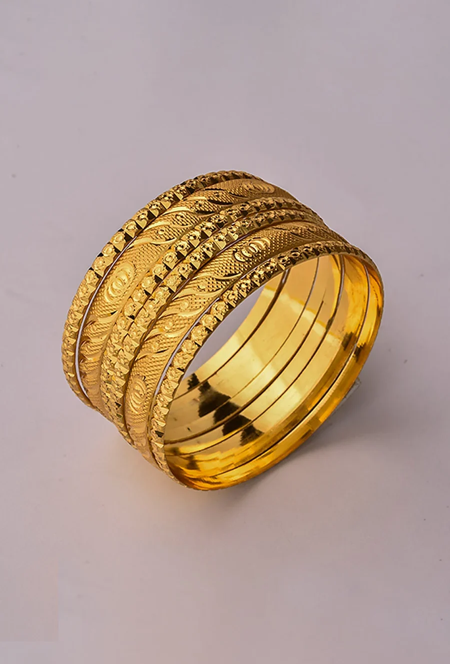 Golden Gold-Plated Carved Thick and Thin Bangle Set