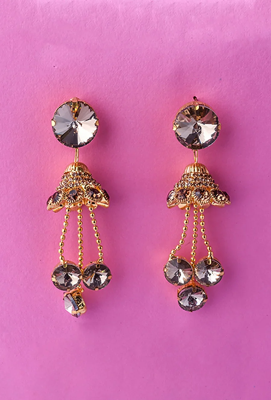 Light Violet and Gold Crystal Jhumki Earrings for Festivals