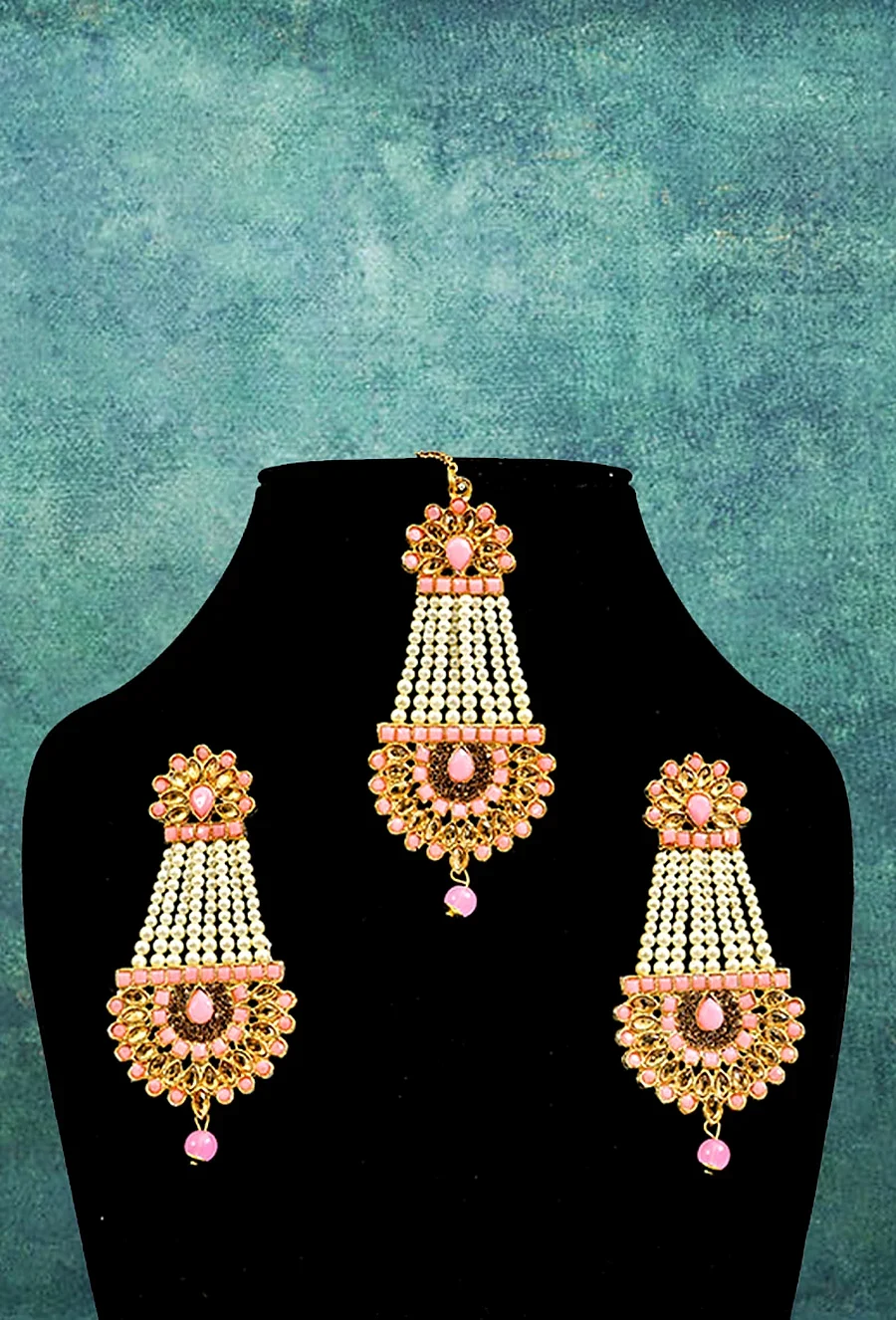 Pink Maang Tika and Earrings Set — Artificial Jewellery
