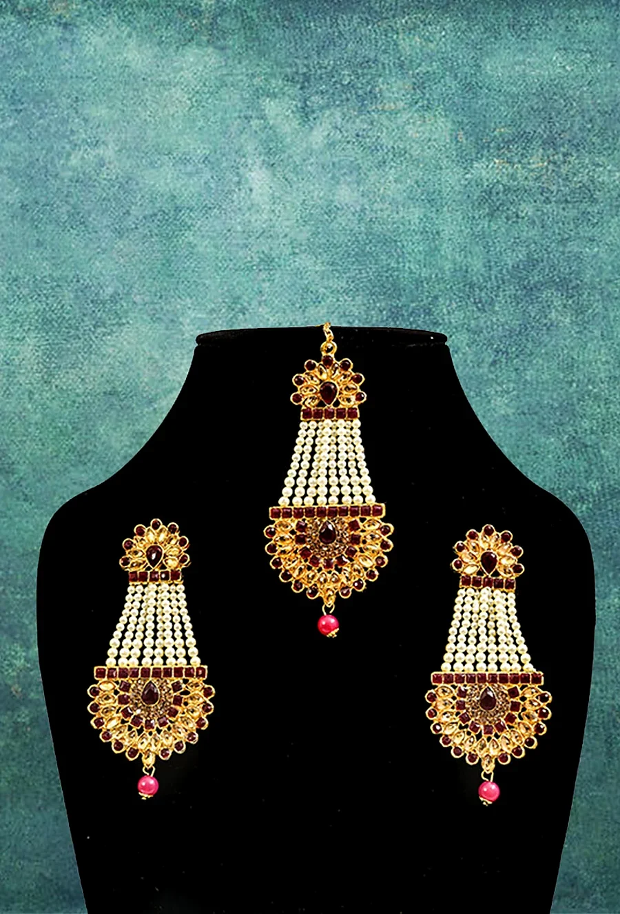 Maroon Maang Tika and Earrings Set — Artificial Jewellery