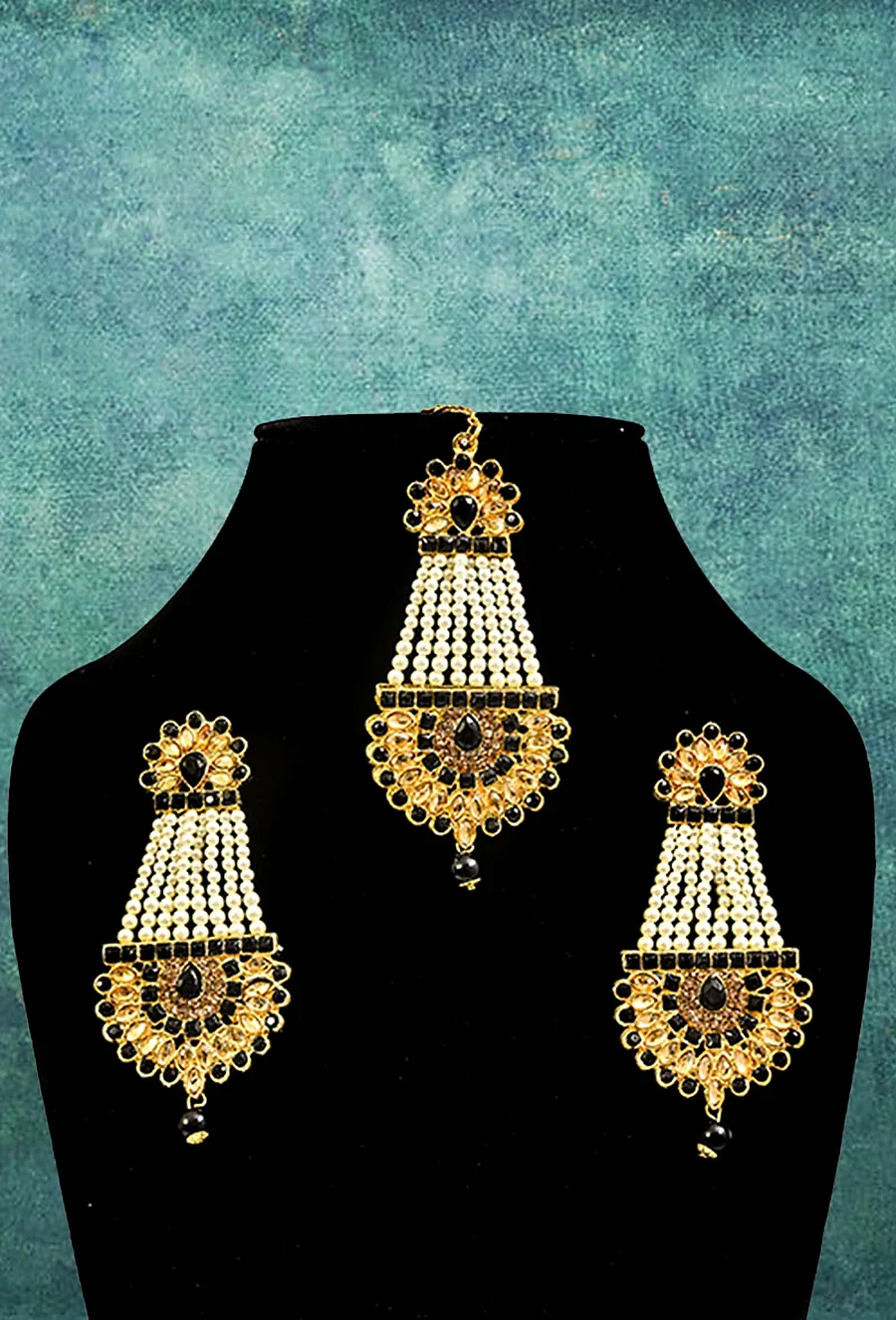 Black Maang Tika and Earrings Set — Artificial Jewellery