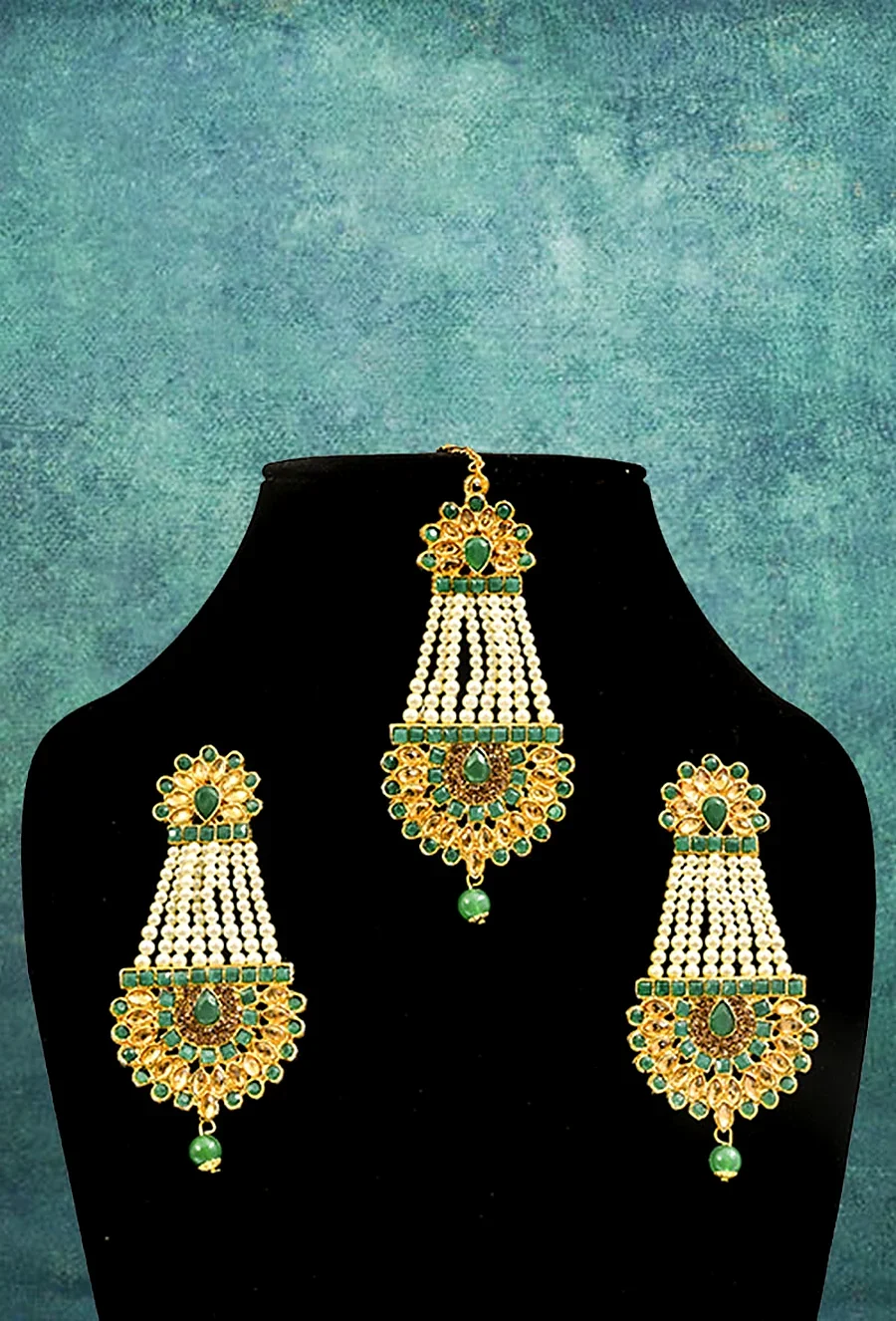 Green Maang Tika and Earrings Set — Artificial Jewellery