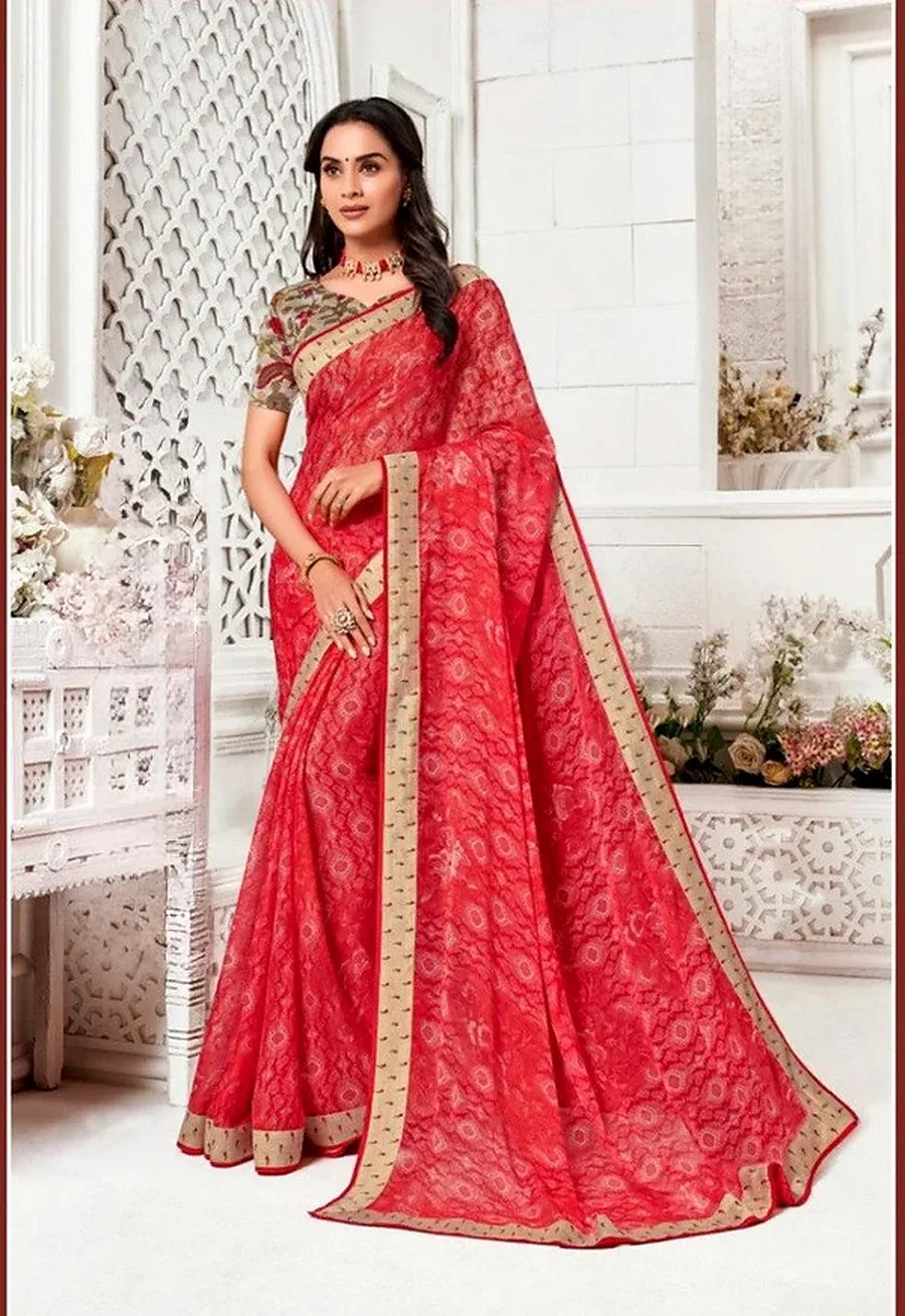 Red Chiffon Saree for Women — Free Size, Design 6296