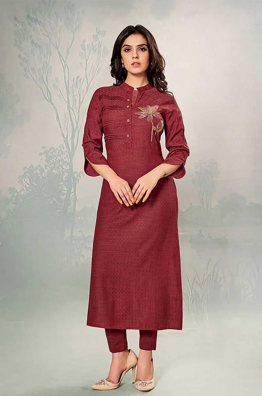 Crimson Cotton Base Embroidered Kurti for Daily and Office Wear