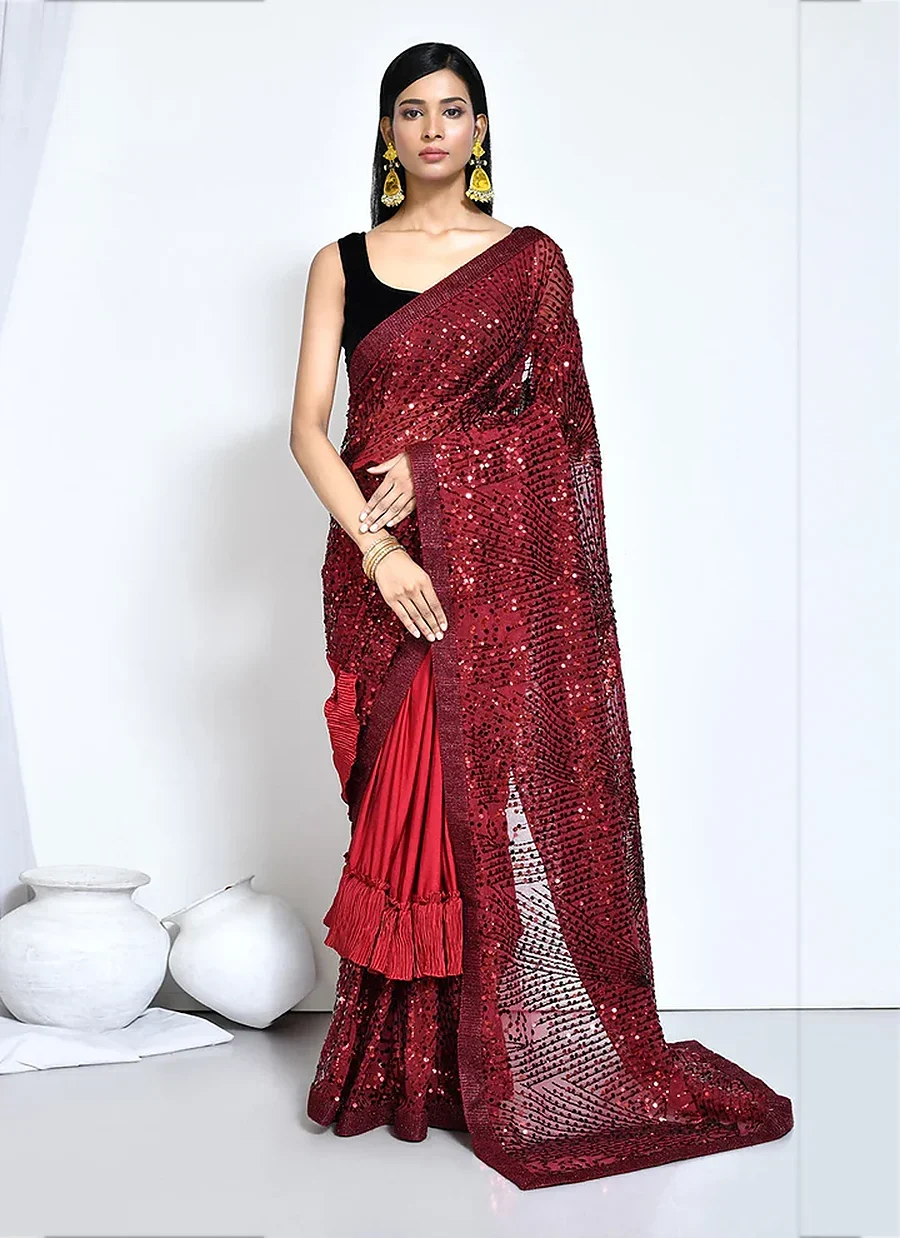 Red Silk Saree with Sequins and Heavy Embroidery Work