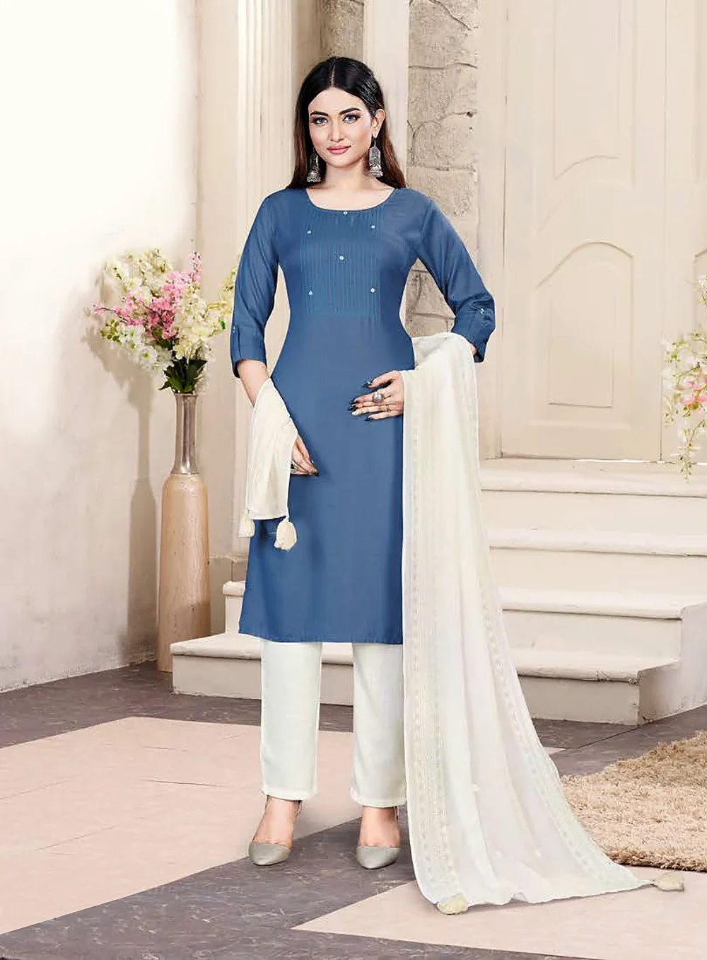 Party Wear Tussar Silk Pant Style Salwar Suit with Lucknowi Dupatta