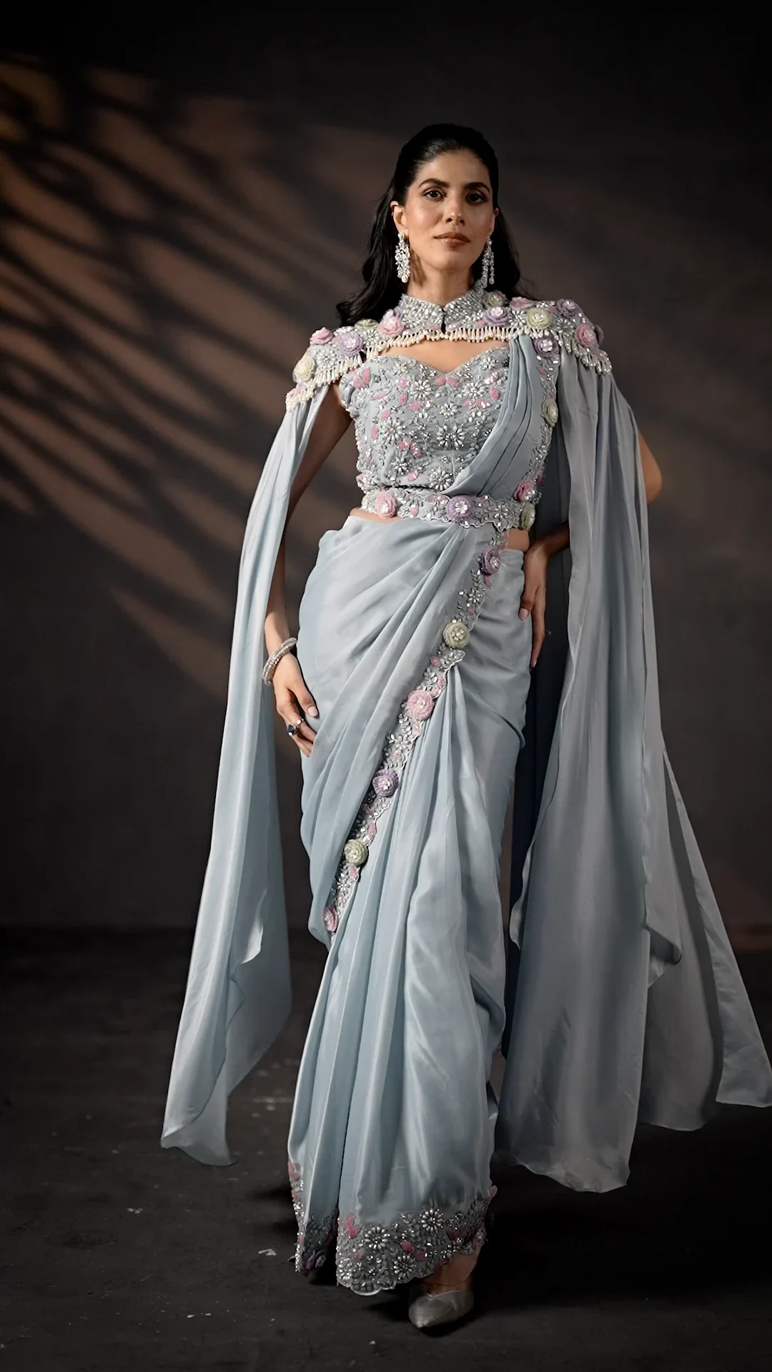 Light Firoji Two Tone Satin Silk Ready-to-Wear Saree with Cape & Pearl Work