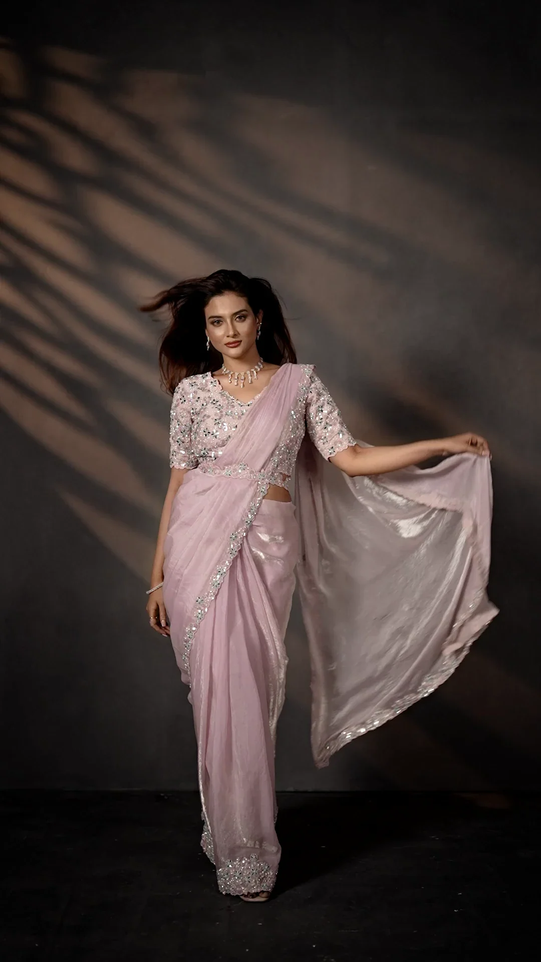 Baby Pink Two Tone Satin Silk Ready-to-Wear Saree with Mirror & Pearl Work