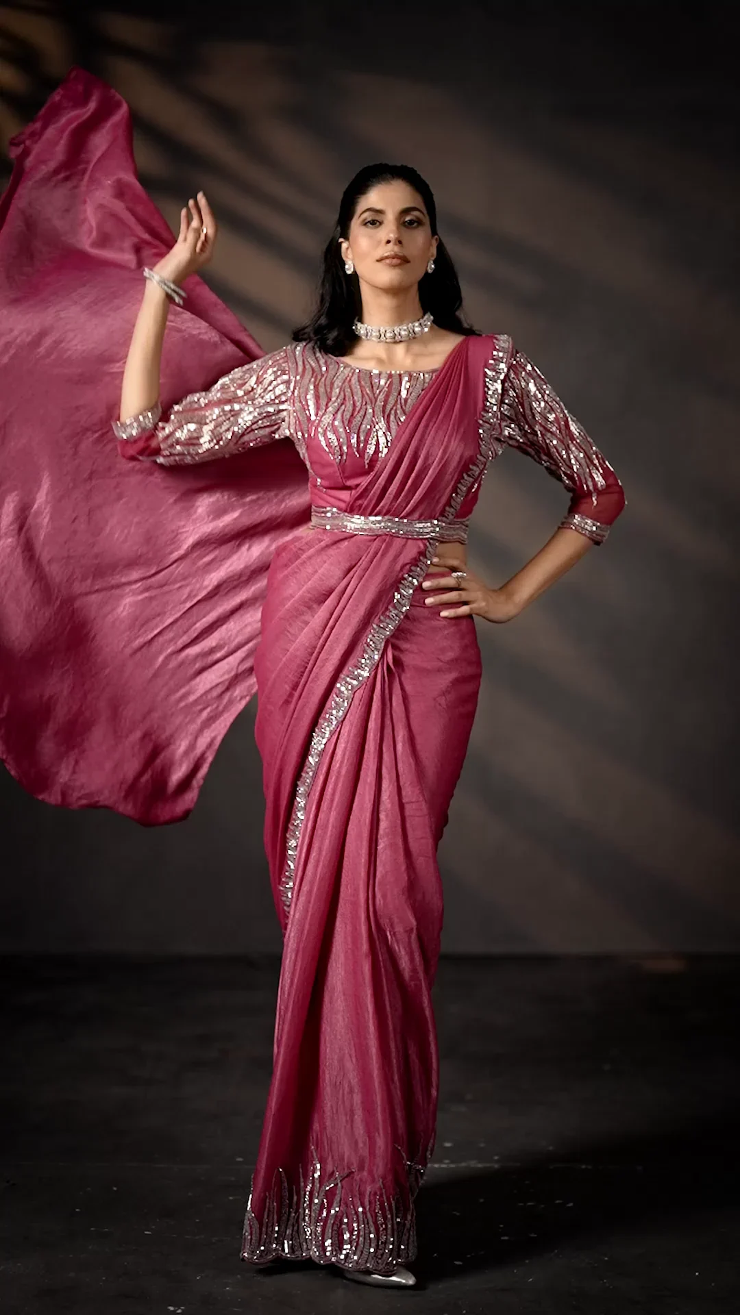 Light Pink Crush Satin Silk Ready-to-Wear Saree with Sequin & Bead Work