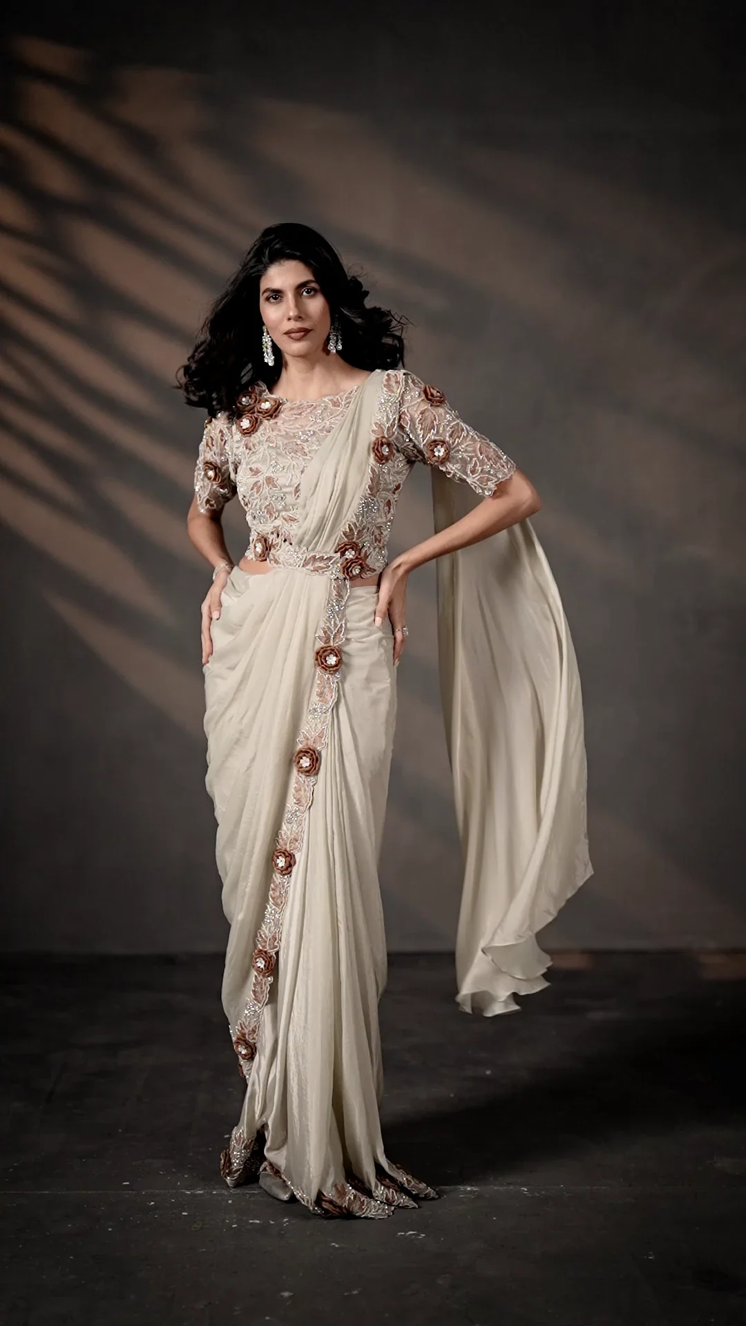 Tusser Two Tone Satin Silk Ready-to-Wear Saree with Bead, Stone & Applique Work