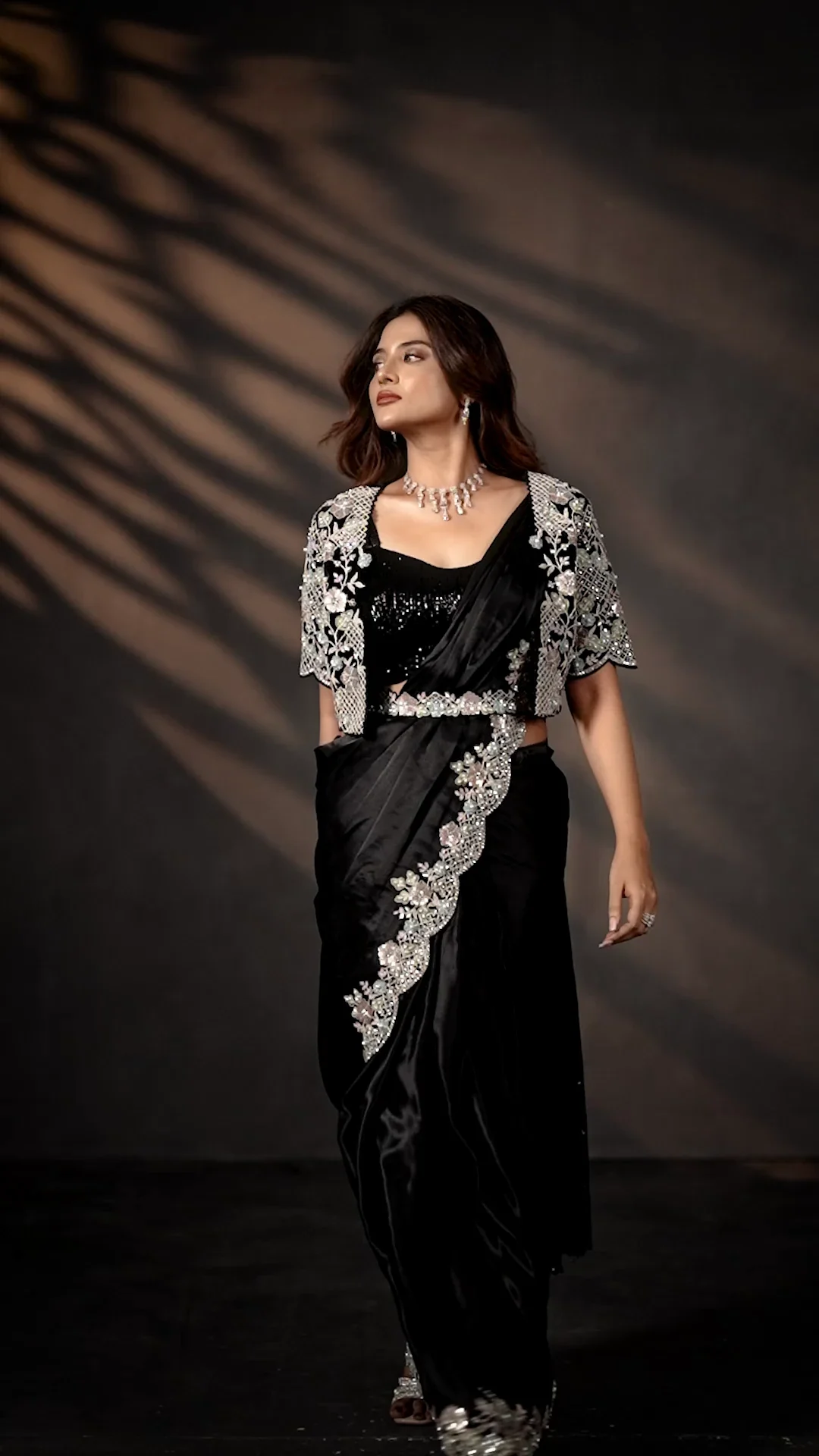 Black Soft Satin Silk Ready-to-Wear Saree with Jacket & Mirror Work