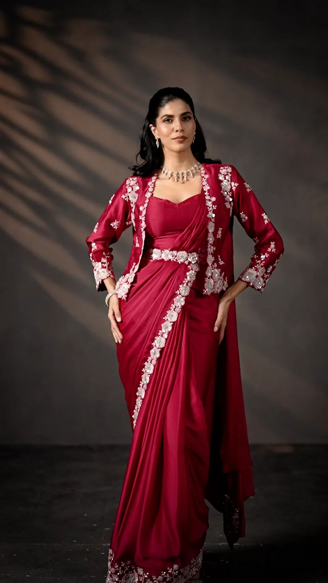Rani Soft Satin Silk Ready-to-Wear Saree with Jacket & Pearl Work