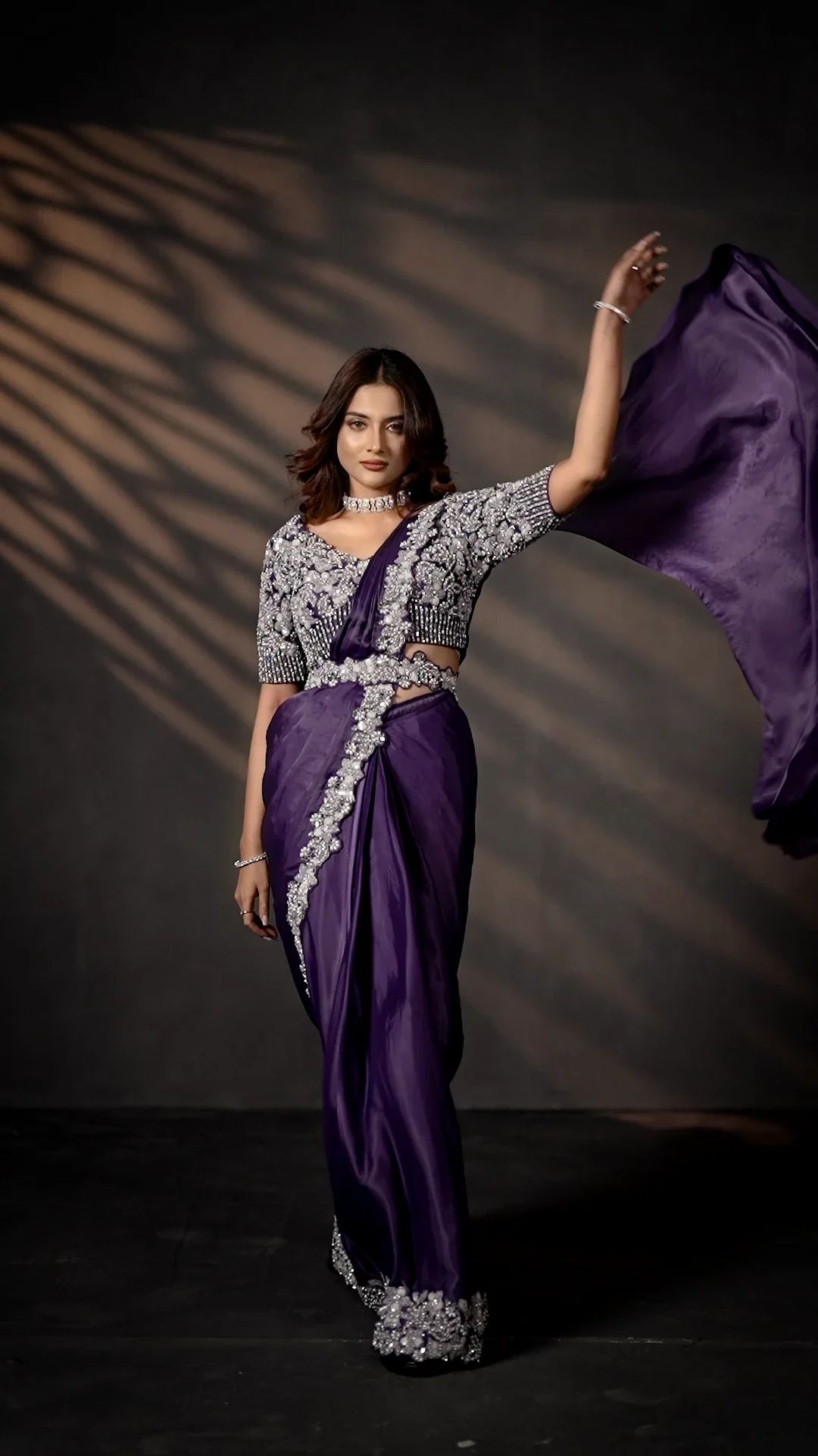 Purple Soft Satin Silk Ready-to-Wear Saree with Sequin & Stone Work