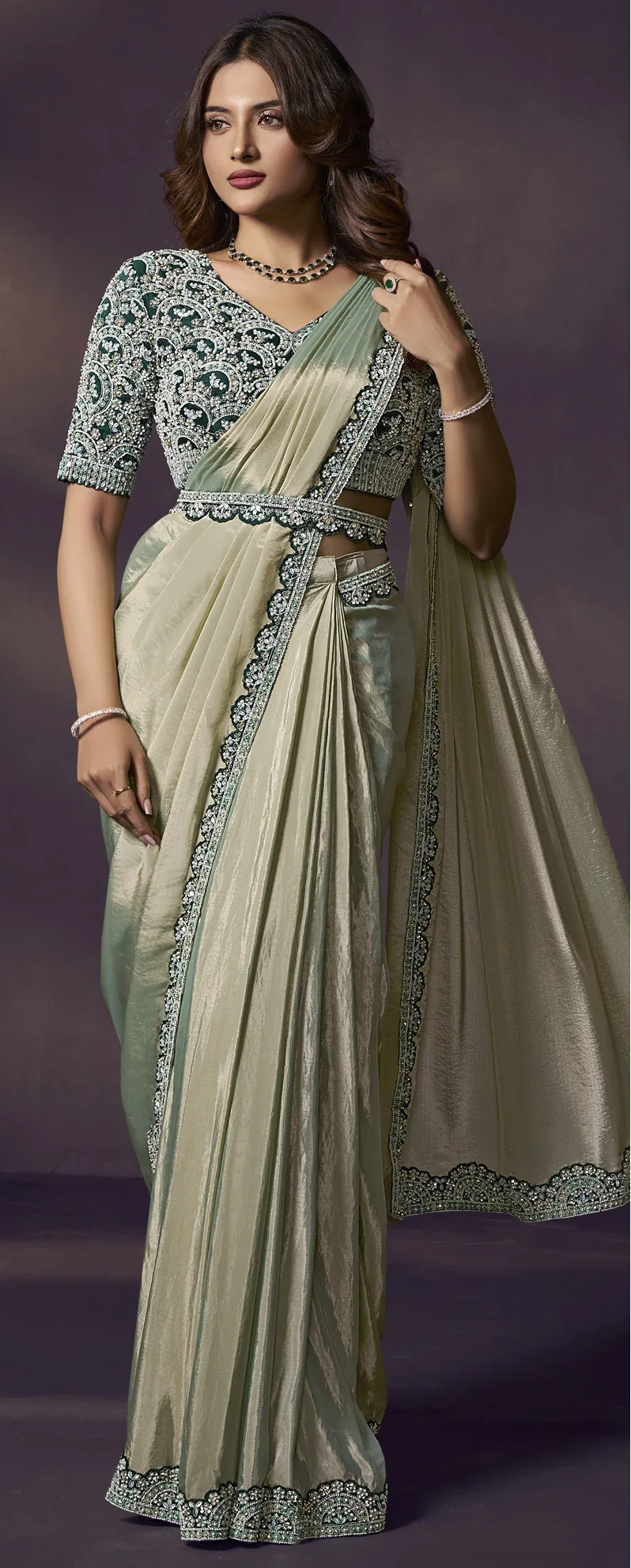 Pista Green Two Tone Soft Silk Ready-to-Wear Saree with Bead & Stone Work
