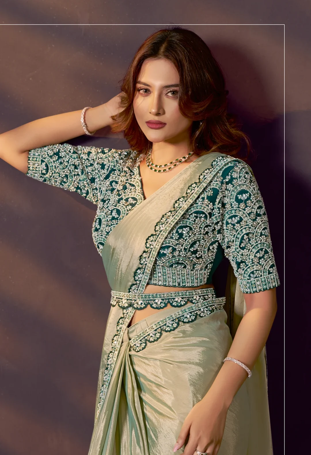 Pista Green Two Tone Soft Silk Ready-to-Wear Saree with Bead & Stone Work - view 2
