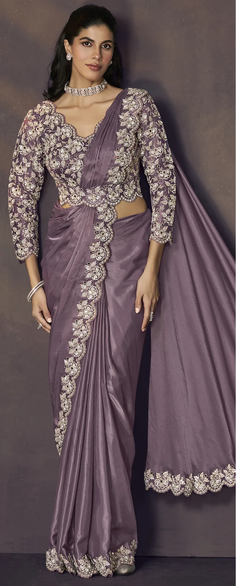 Lavender Soft Satin Silk Ready-to-Wear Saree with Scallop Sequin Work