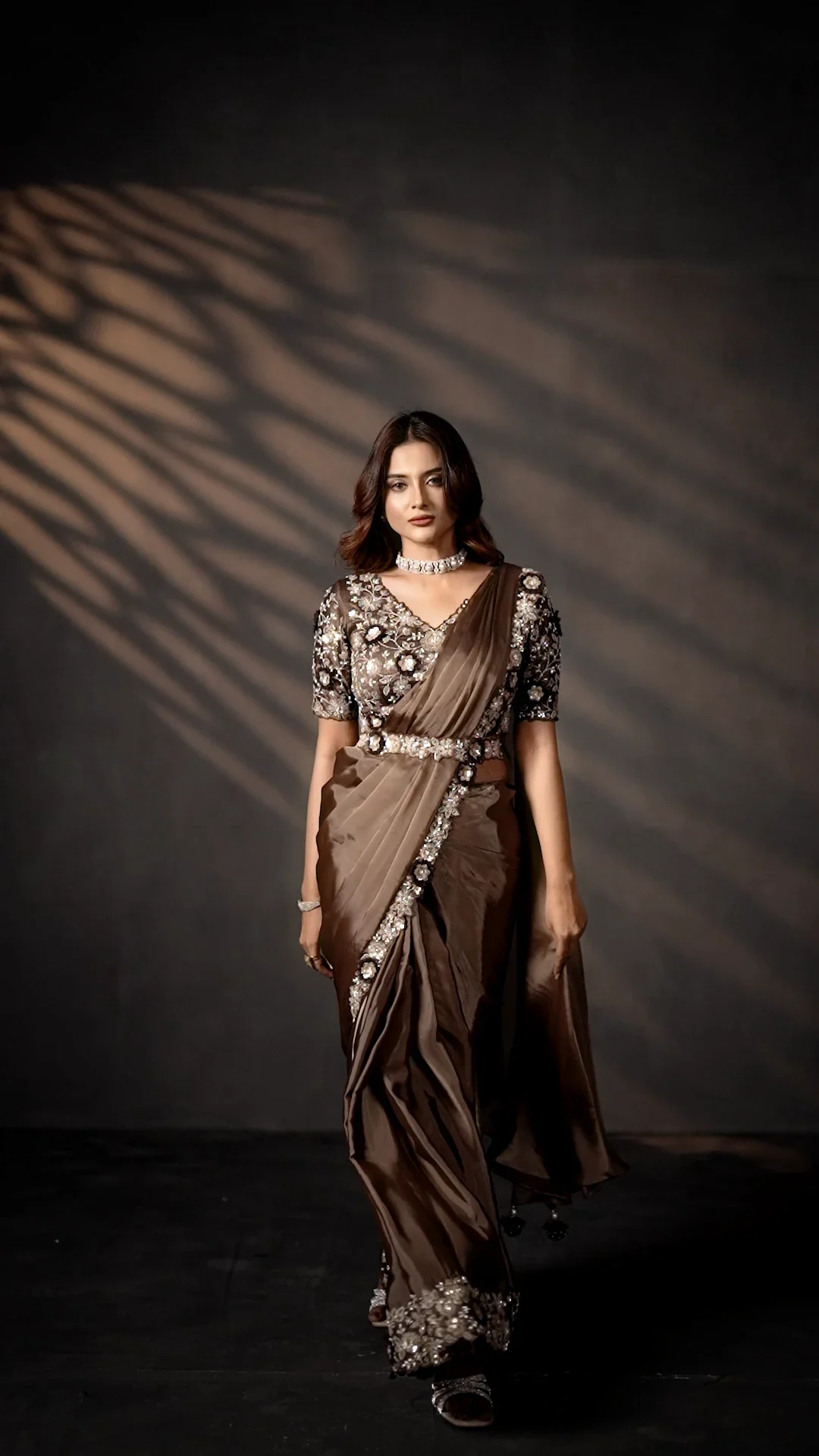 Coffee Two Tone Soft Silk Ready-to-Wear Saree with Stone & Applique Work