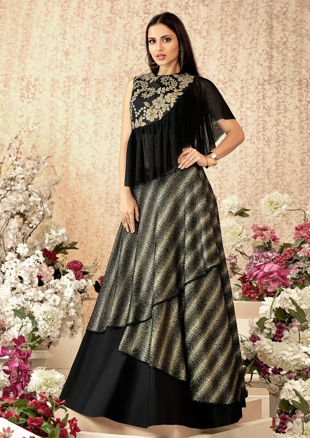 Black Taffeta Silk and Lycra Lehenga Choli with Cord Embroidery