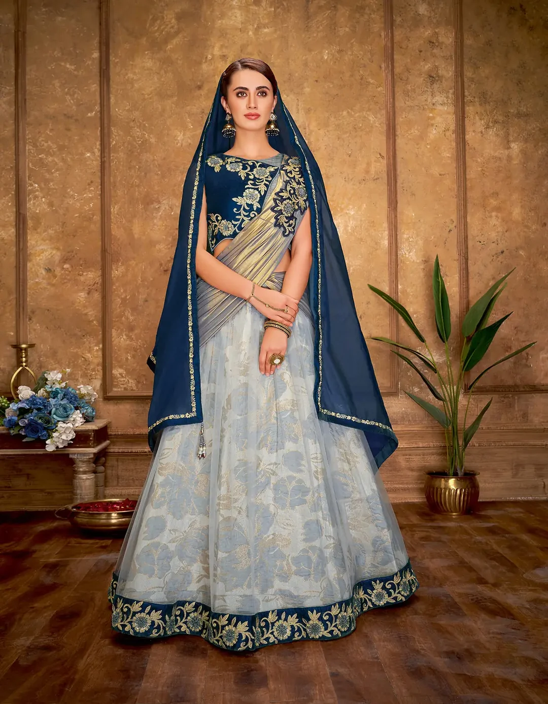 Grey Fancy Jacquard and Net Lehenga with Blue Velvet Blouse