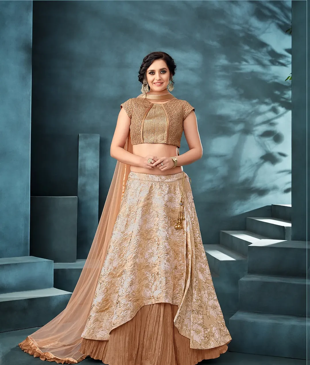 Beige Fancy Jacquard Lehenga Choli with Cord and Sequin Embroidery