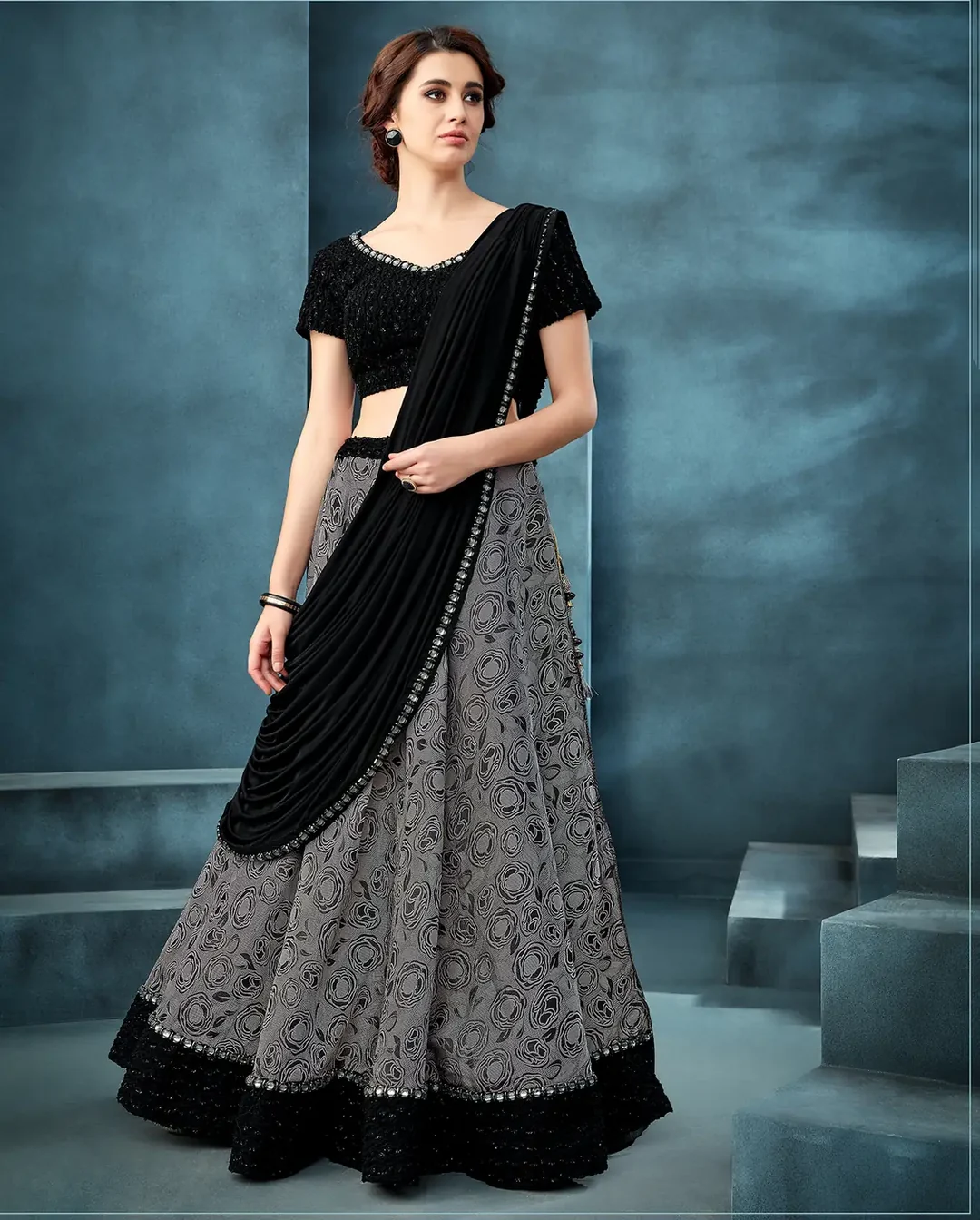 Grey Fancy Jacquard Lehenga with Black Silk Blouse and Lycra Dupatta