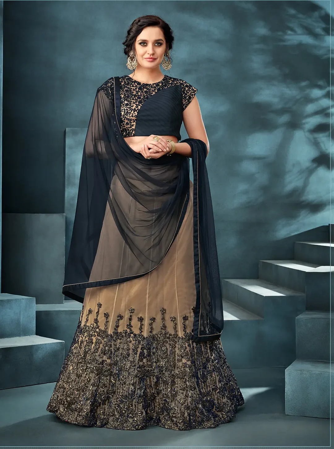 Beige Net Lehenga with Navy Blue Taffeta Silk Blouse and Dupatta