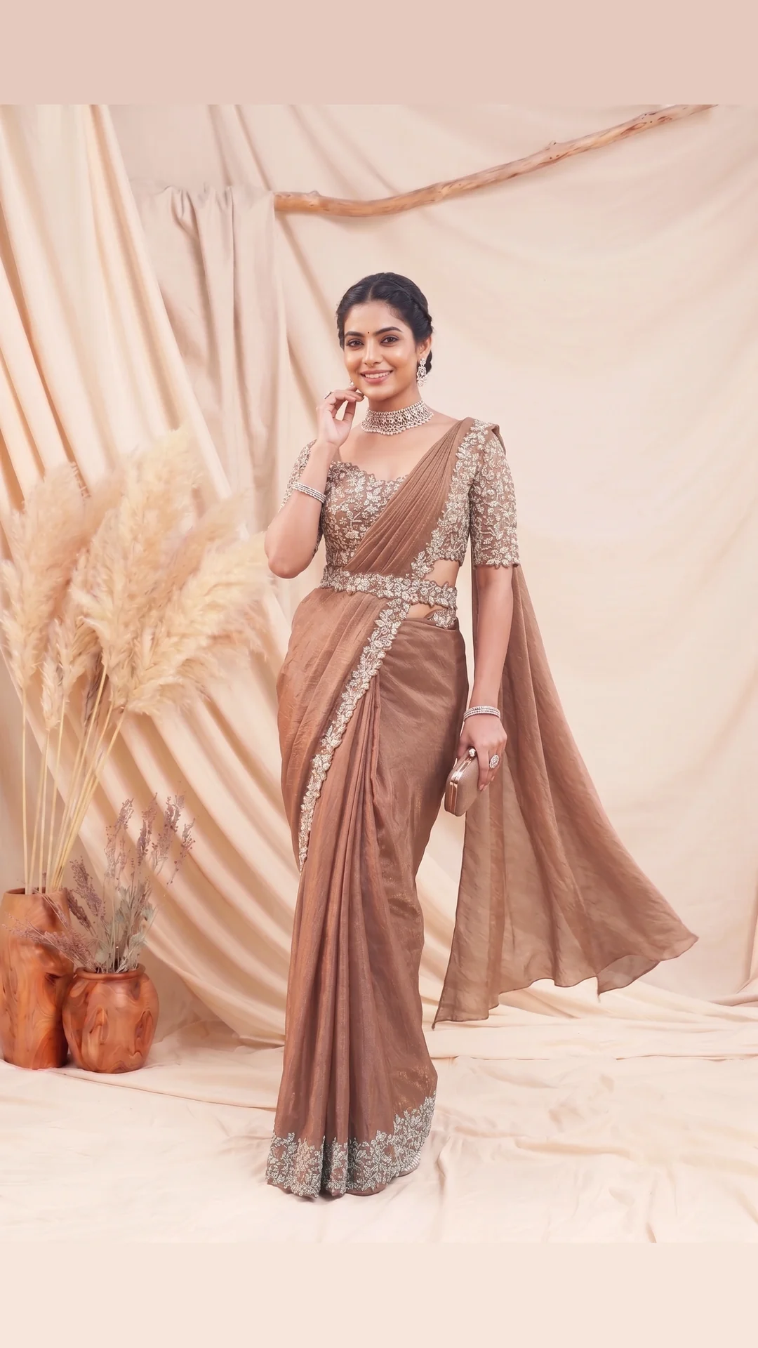 Brown Two Tone Satin Silk Ready-to-Wear Saree with Pearl Sequins