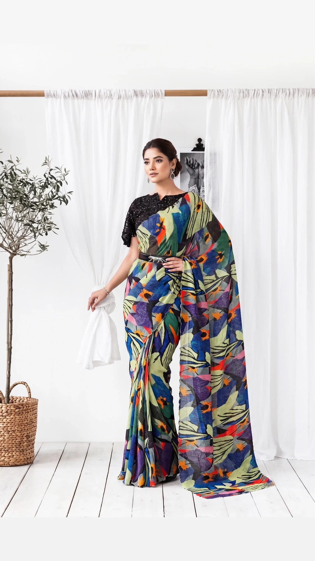 Abstract Print Multicolour Ready-to-Wear Saree in Pure Satin Silk
