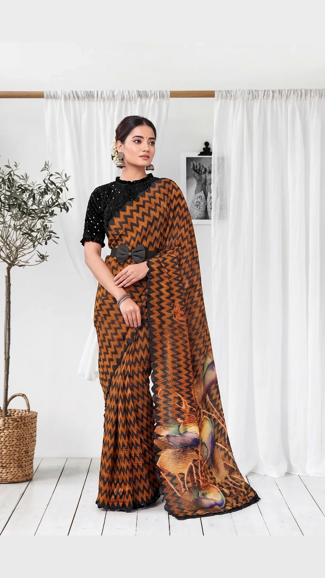 Brown Pure Satin Silk Ready-to-Wear Saree with Zig-Zag Print