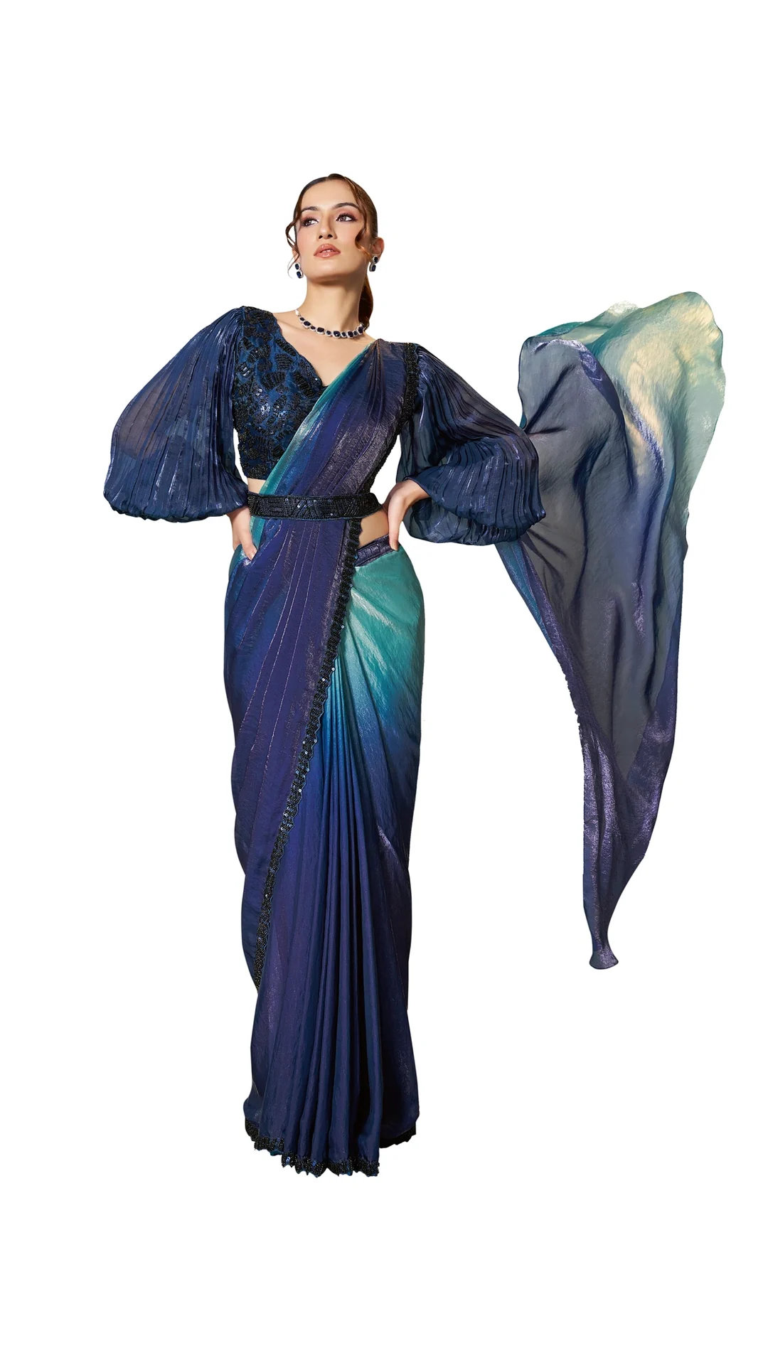 Navy Blue Two Tone Satin Silk Ready-to-Wear Saree with Sequins