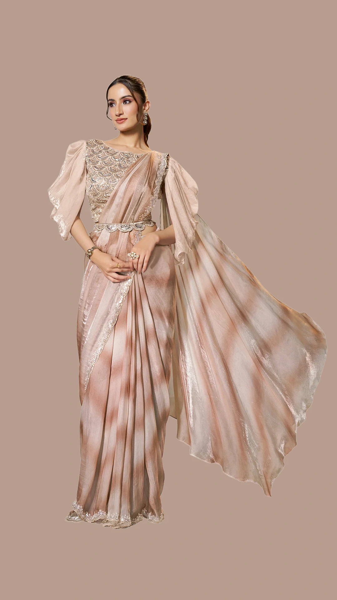 Beige Two Tone Satin Silk Ready-to-Wear Saree, Leharia Print