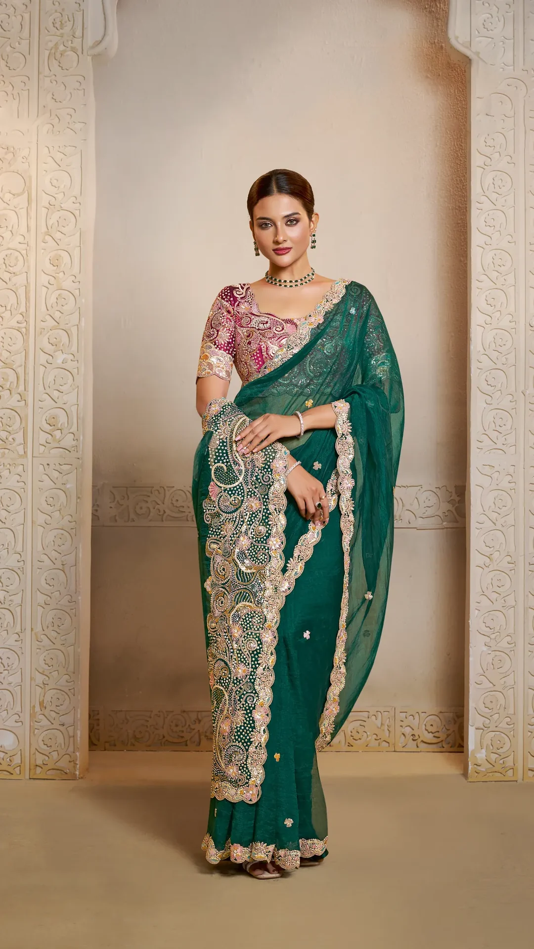 Organza Satin Designer Saree with Multi Thread and Multi Stone Work