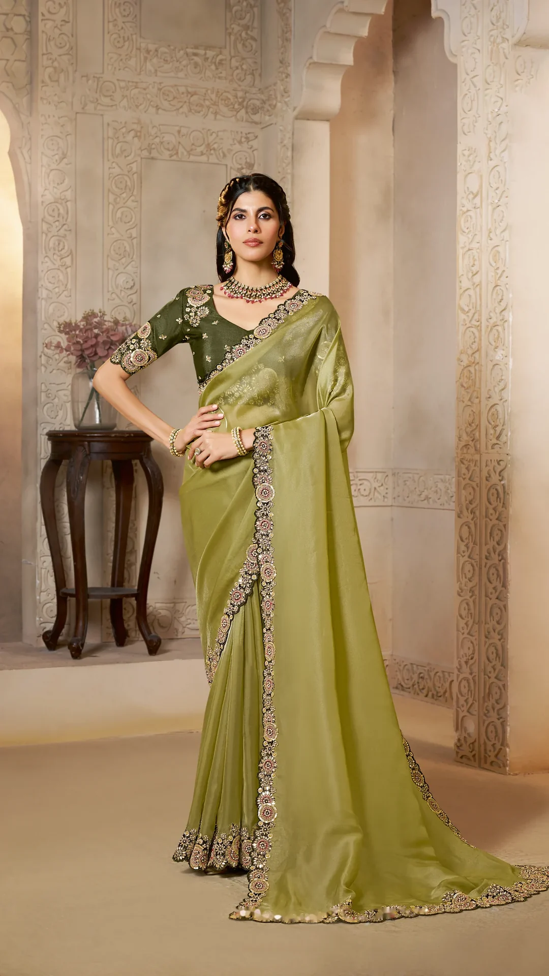 Organza Satin Designer Saree with Dual Sequin and Stone Embroidery
