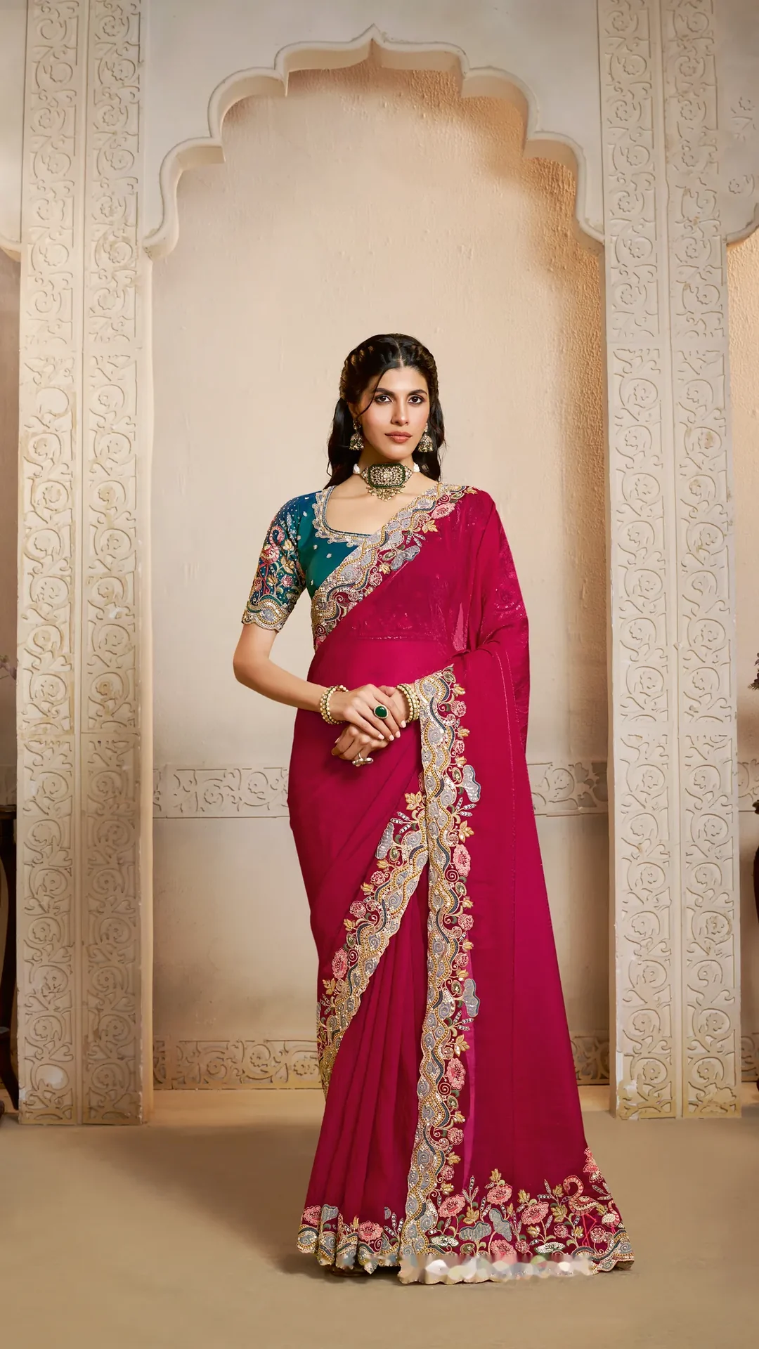 Two Tone Satin Silk Designer Saree with Thread and Stone Embroidery
