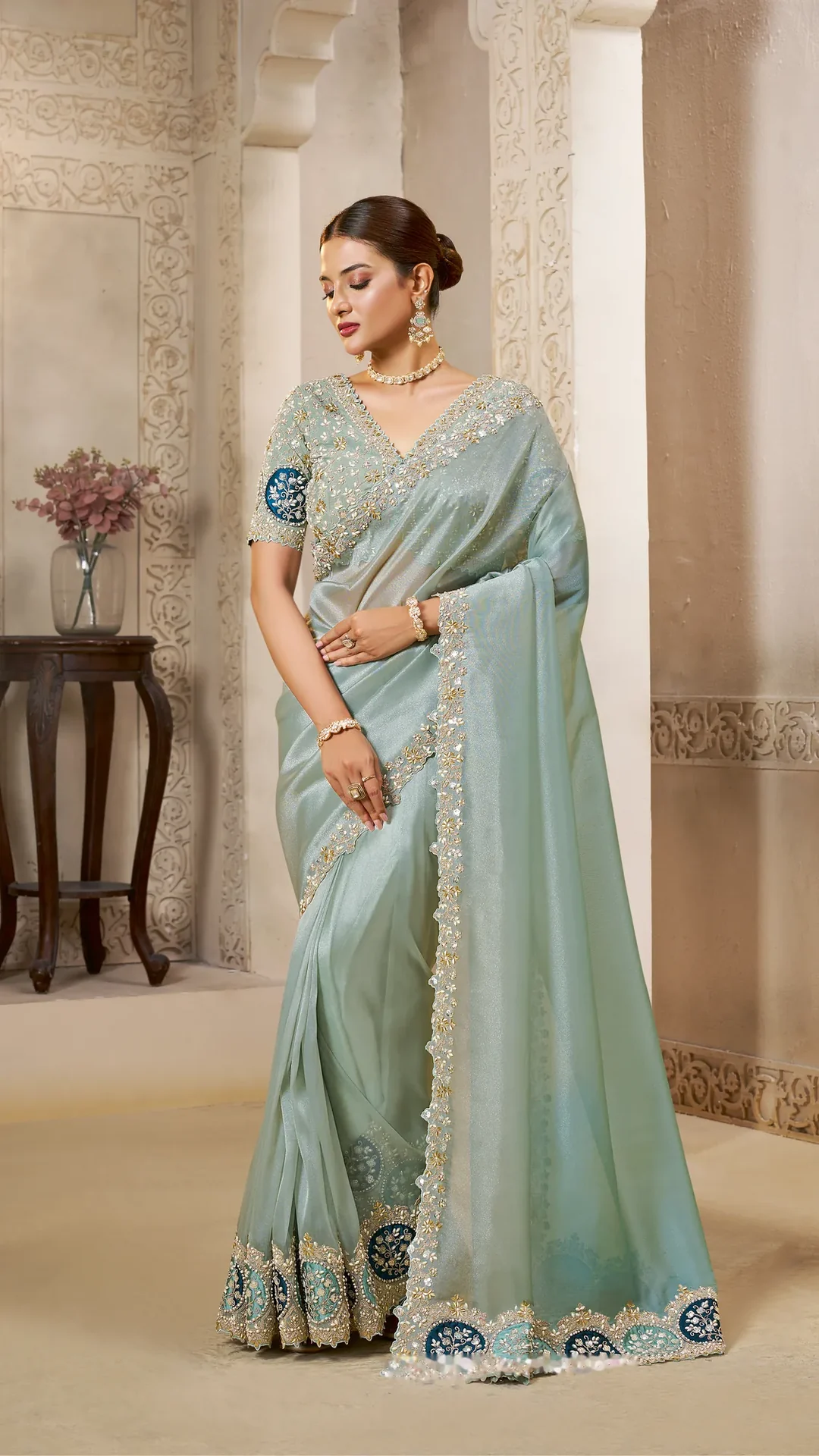 Organza Tissue Silk Designer Saree with Dual Sequin and Stone Work