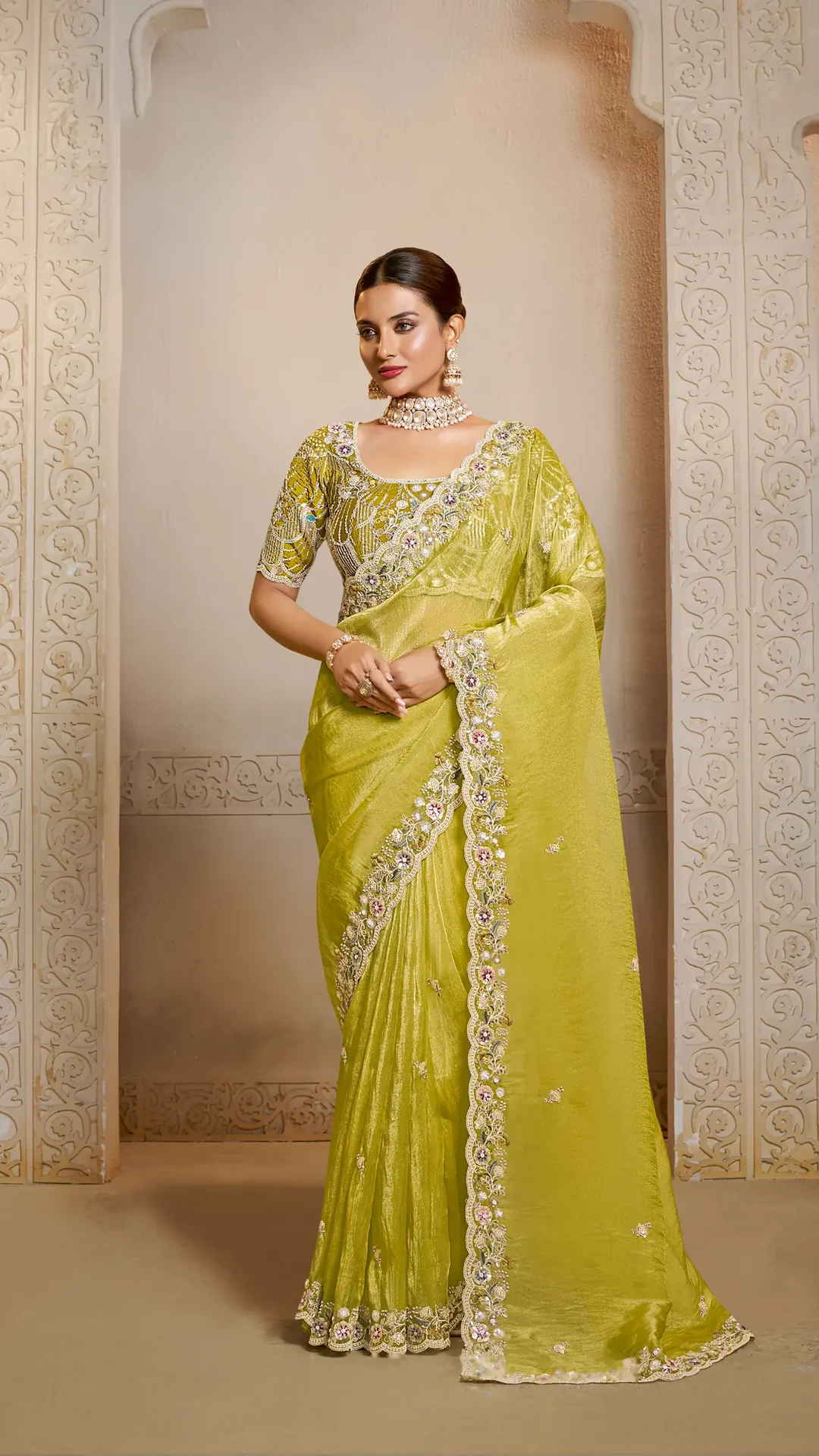 Organza Satin Designer Saree with Thread and Stone Handwork
