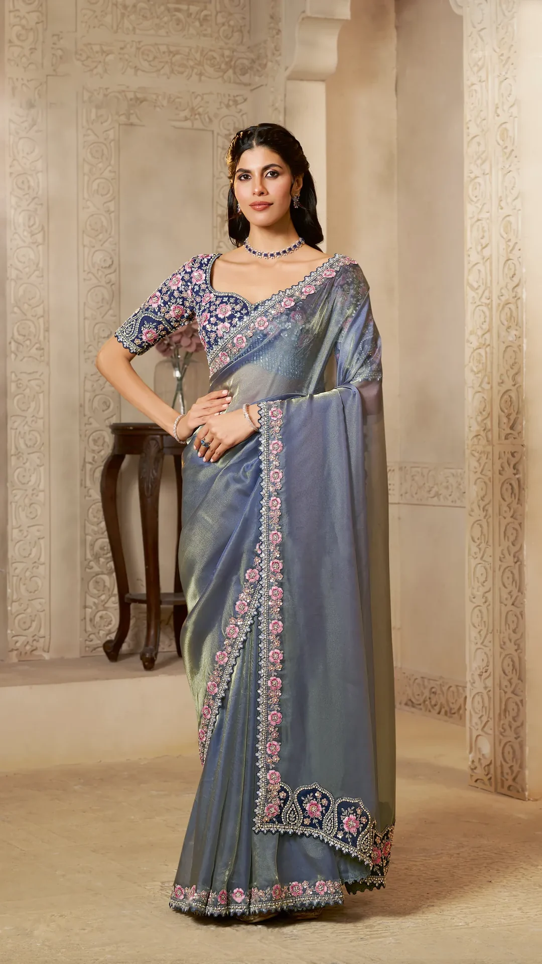 Organza Satin Designer Saree with Pearl and Stone Handwork
